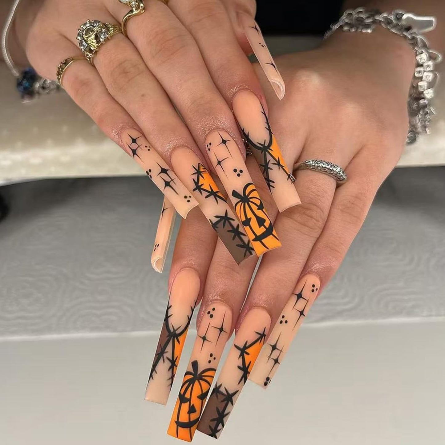 IMRAIN Halloween Press on Nails Long Square Fake Nails Nude Orange Matte Acrylic False Nails with Pumpkins Designs Full Cover Acrylic Stick on Nails 24Pcs