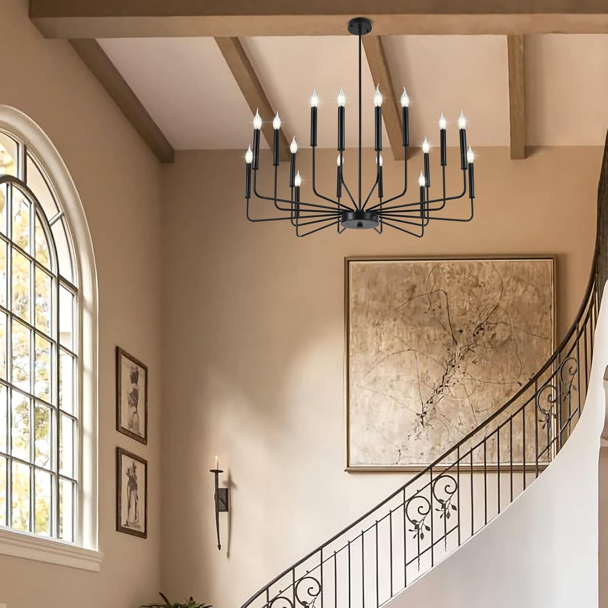 Modern Black Farmhouse Chandeliers, 16-Light Industrial Metal Chandelier Lighting, Classic Candle Hanging Pendant Light Fixtures for Kitchen Island, Living Room, Dining Room, Stair