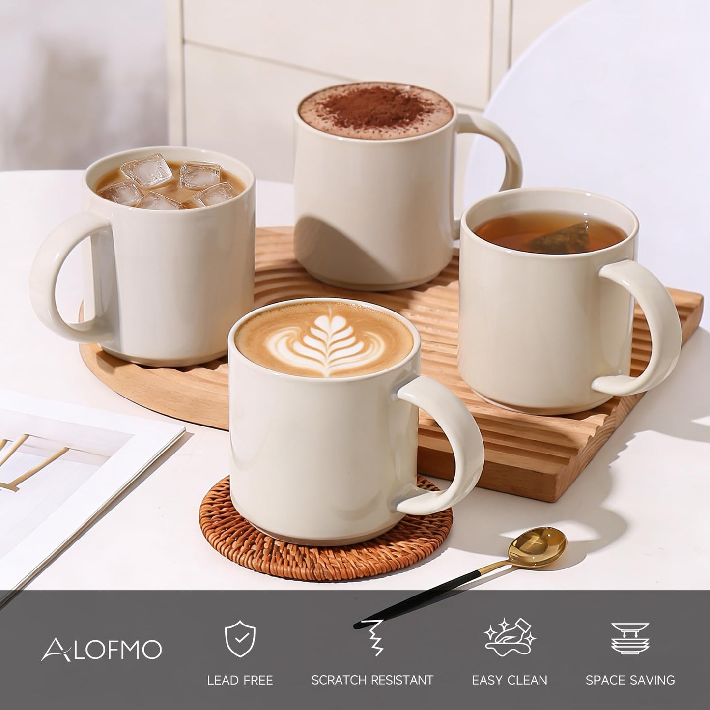 ALOFMO Coffee Mugs Set of 4, Stoneware Coffee Cups with Comfortable Handle, 16oz Ceramic Mugs for Kitchen & Office, Dishwasher & Microwave Safe - Creamy White