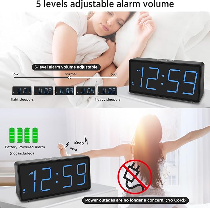 Peakeep Battery Operated Digital Alarm Clock for Bedrooms Big Numbers