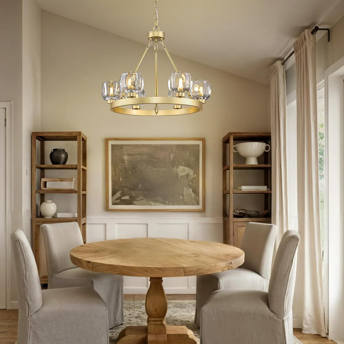 Gold Wagon Wheel Chandelier, 24 Inch Brass Chandeliers with Unique Glass Shade, 6-Light Crystal Farmhouse Wagon Wheel Chandeliers for Dining Room, Round Chandelier for Living Room, Foyer, Entryway