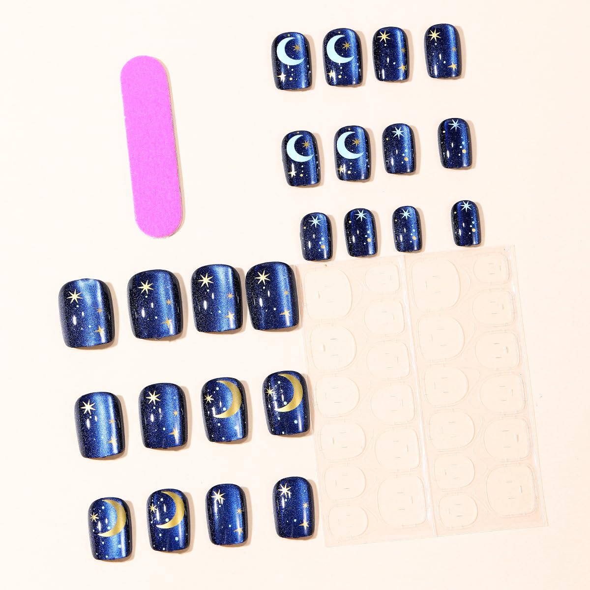 Short Press on Nails Square Blue Fake Nails Bling Full Cover Stick on Nails Starry Sky Shiny with Designs Short False Nails Moon Glue on Nails Artificial Acrylic Nails for Women 24Pcs