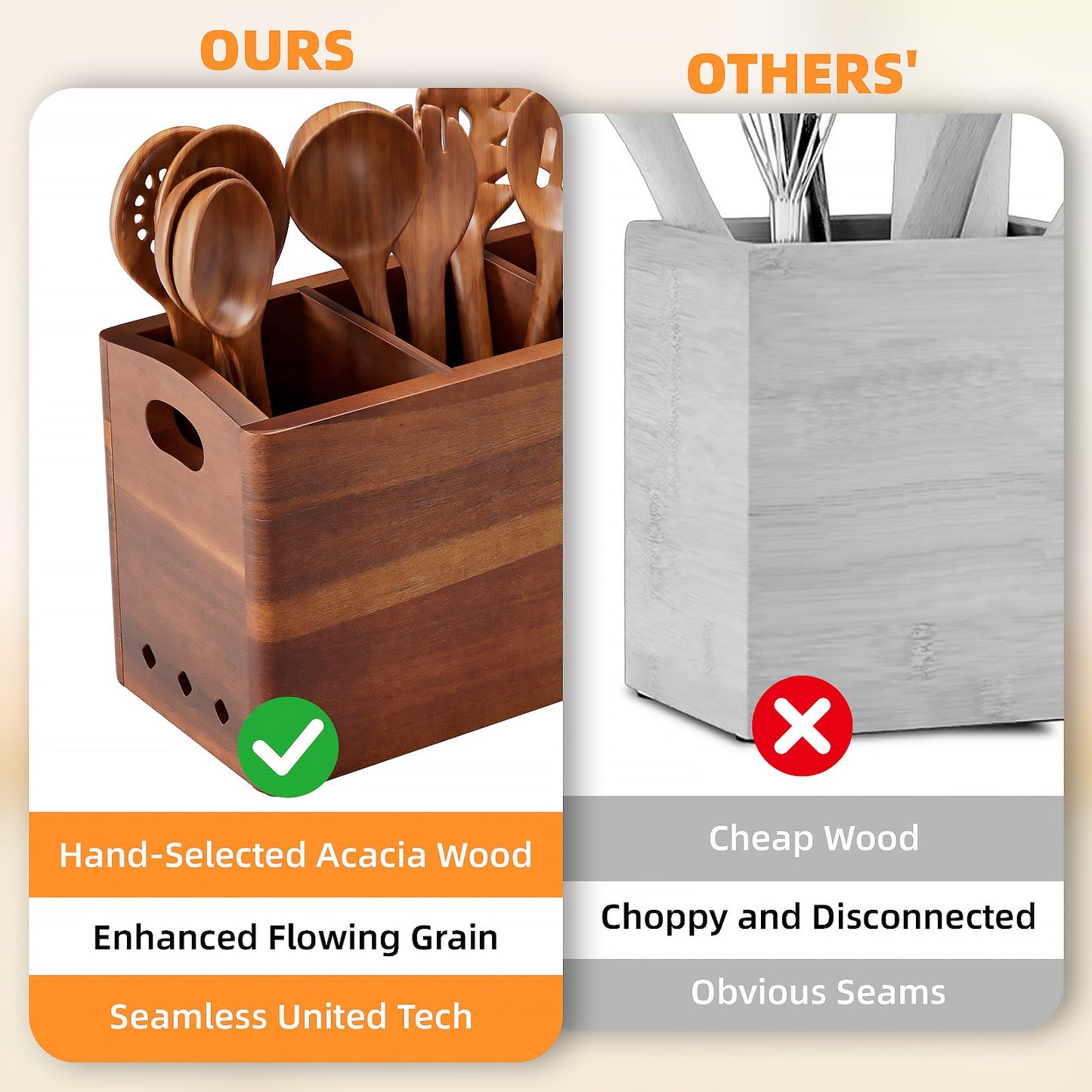 PrimZooty Natural Acacia Wood Utensil Holder for Kitchen Counter (Large), 3 Compartment with Removable Dividers 11.7"x7.1"x4.5", Large Cooking Utensil Organizer - Anti-Scratch Bottom