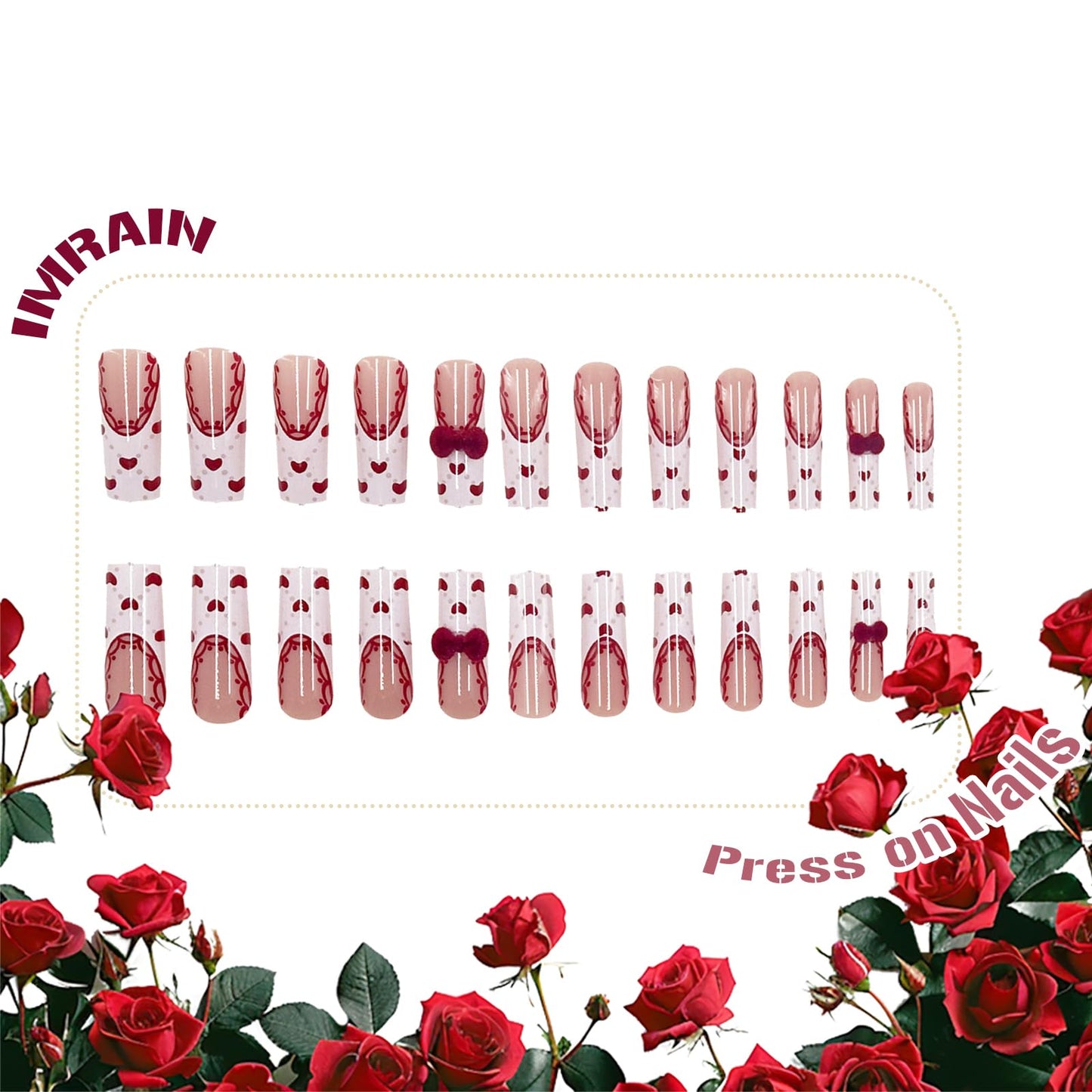 IMRAIN Square Press on Nails Long Length Fake Nails Full Cover Glue on Nails Glossy White French Tips False Nails with Furry Bow Designs for Women