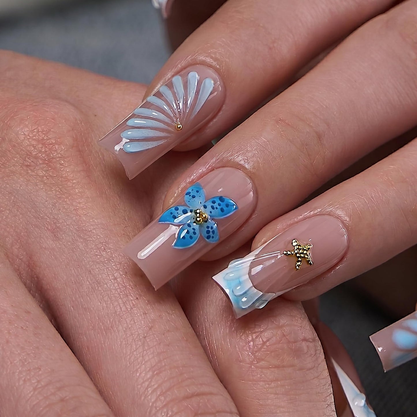 CurvLife Soft Gel Square Press-On Nails Long, Reusable Fake Nails with Glue & Adhesive Tabs, 30PCS Salon-Quality Stick-On Nails for At-Home Manicure (Starfish Bloom)