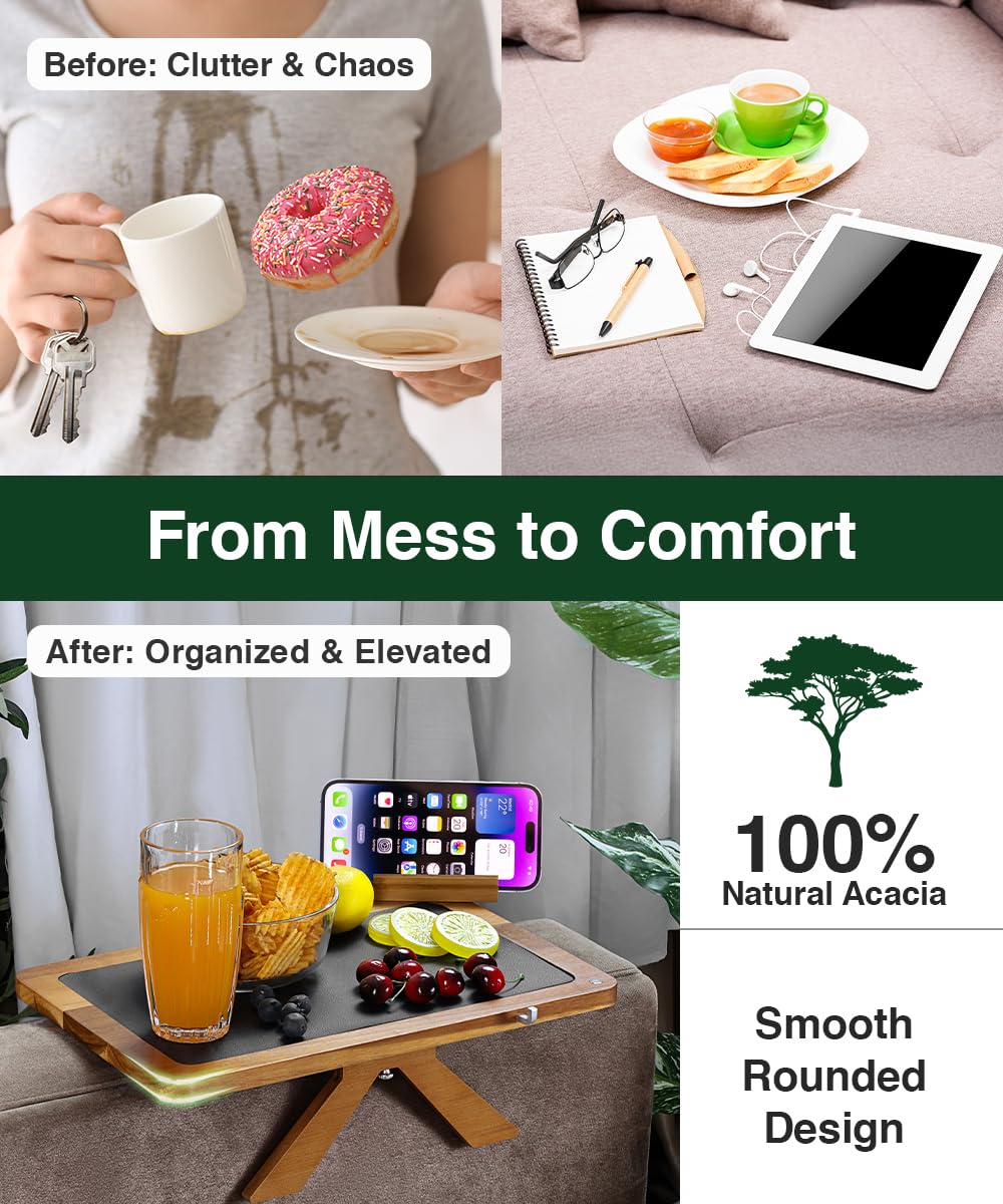 Acacia Couch Arm Tray Table – 2 in 1 Adjustable Couch Arm Table Fits Most Sofa Arms with 360° Rotating Phone Holder, Wire Holder & Non-Slip Mat – Elegant Sofa Tray for Snacks & Coffee