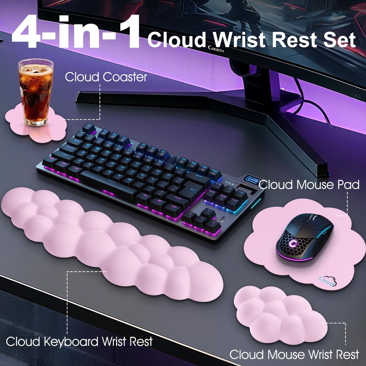 Retuhapy Cloud Wrist Rest Keyboard Cushion, 4-in-1 Ergonomic Cloud Keyboard Wrist Rest and Mouse Pad Set with Memory Foam Arm Support for Palm, Cute Desk Accessory for PC Gaming Setup, Pink