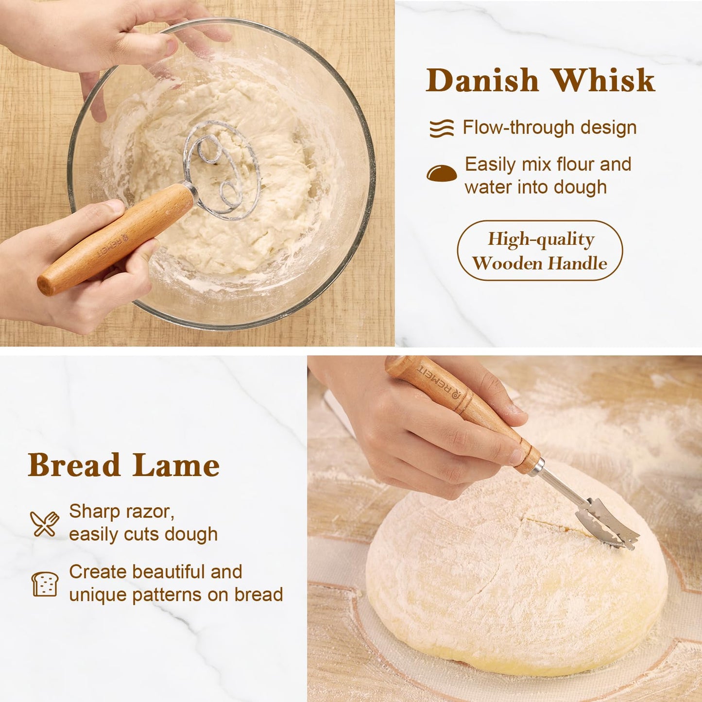 REMEIT Banneton Bread Proofing Basket Sourdough Bread Baking Supplies, Sourdough Starter Kit with 9" Round and 10" Oval Baskets, Sling, Bread Lame, Proofing Cover, Scraper, Dough Whisk