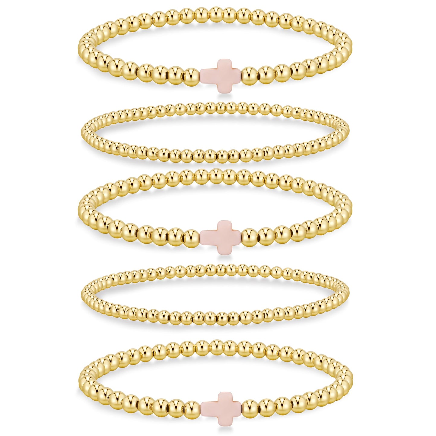 Yoosteel Gold Beaded Bracelets Set for Women - Easter Gifts 14k Gold Plated Dainty Round Beaded Cross Bracelet for Women Simplicity Stackable Jewelry Gifts（5 Pcs）