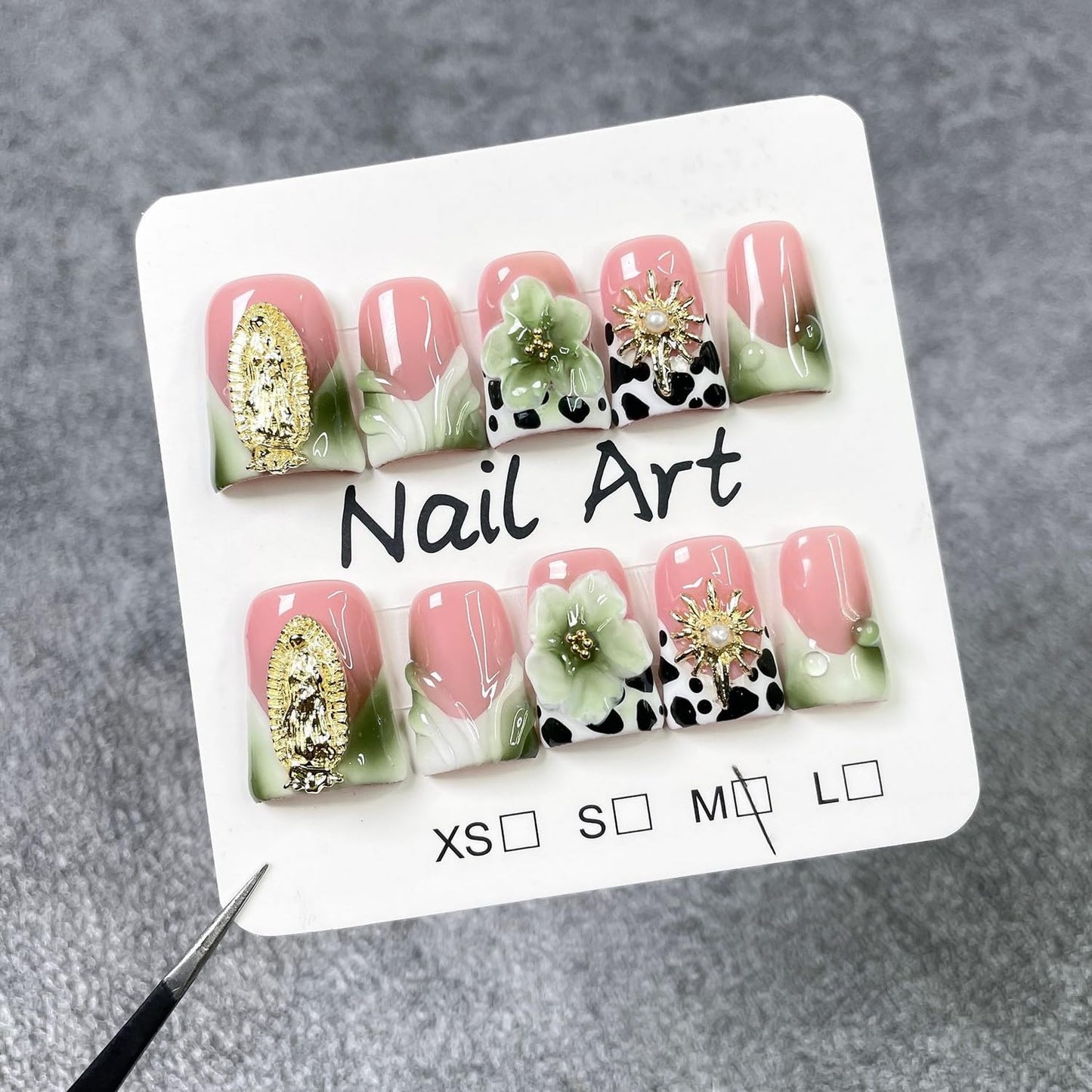 Handmade Press on Nails Short Duck Shaped Fake Nails Green White Gradient Stick on Nail Luxury 3D Flowers False Nails Designs French Tip Thick and Muti-Layer Gel Acrylic Nail for Women（S)