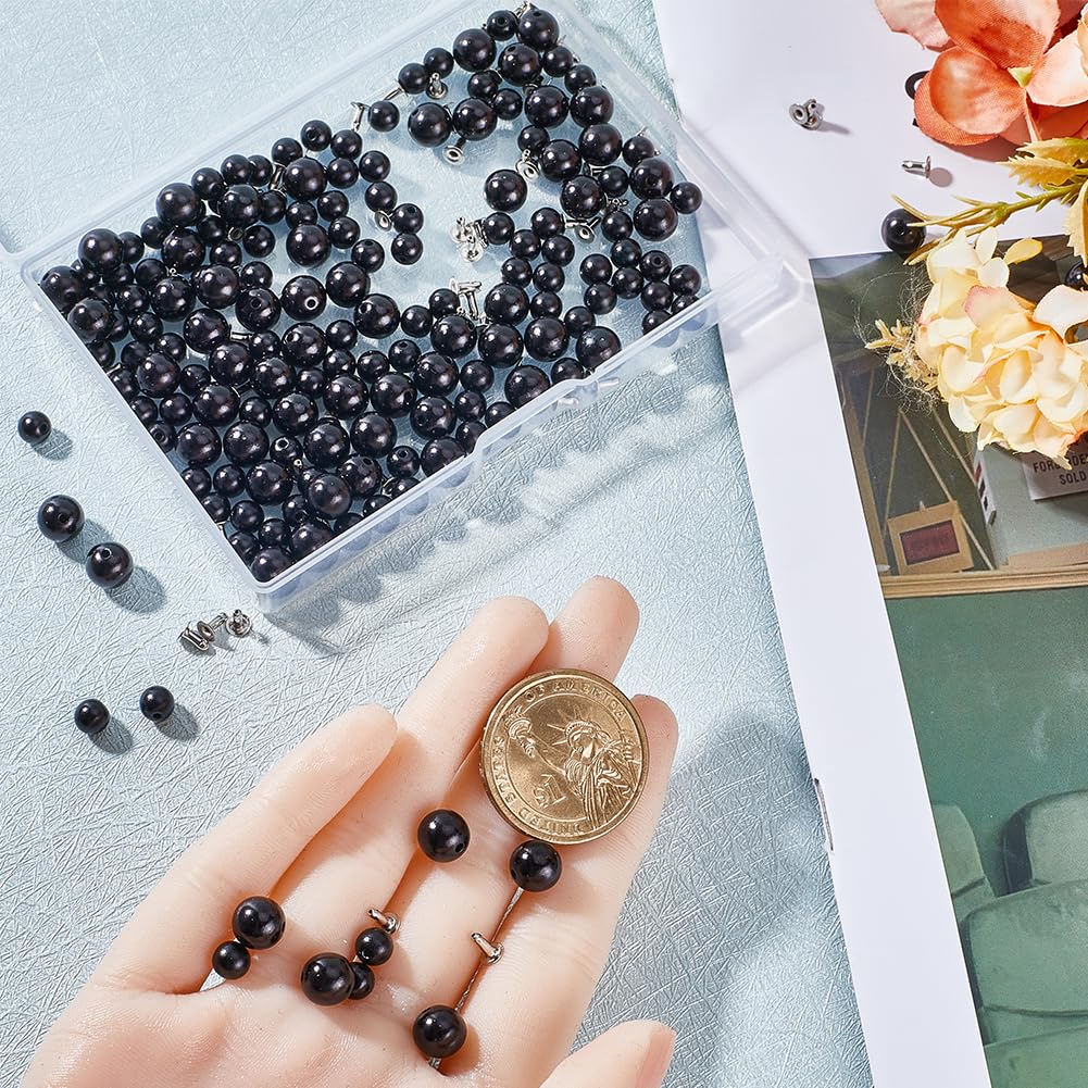 GORGECRAFT 1 Box 200 Set 2 Size Pearl Rivets Studs Black Round Plastic Pearls Buttons Stud with Pins Kit for Clothing Hat Bags Shoe Embellishments DIY Knitting Sewing Crafts Jewelry Making Supplies