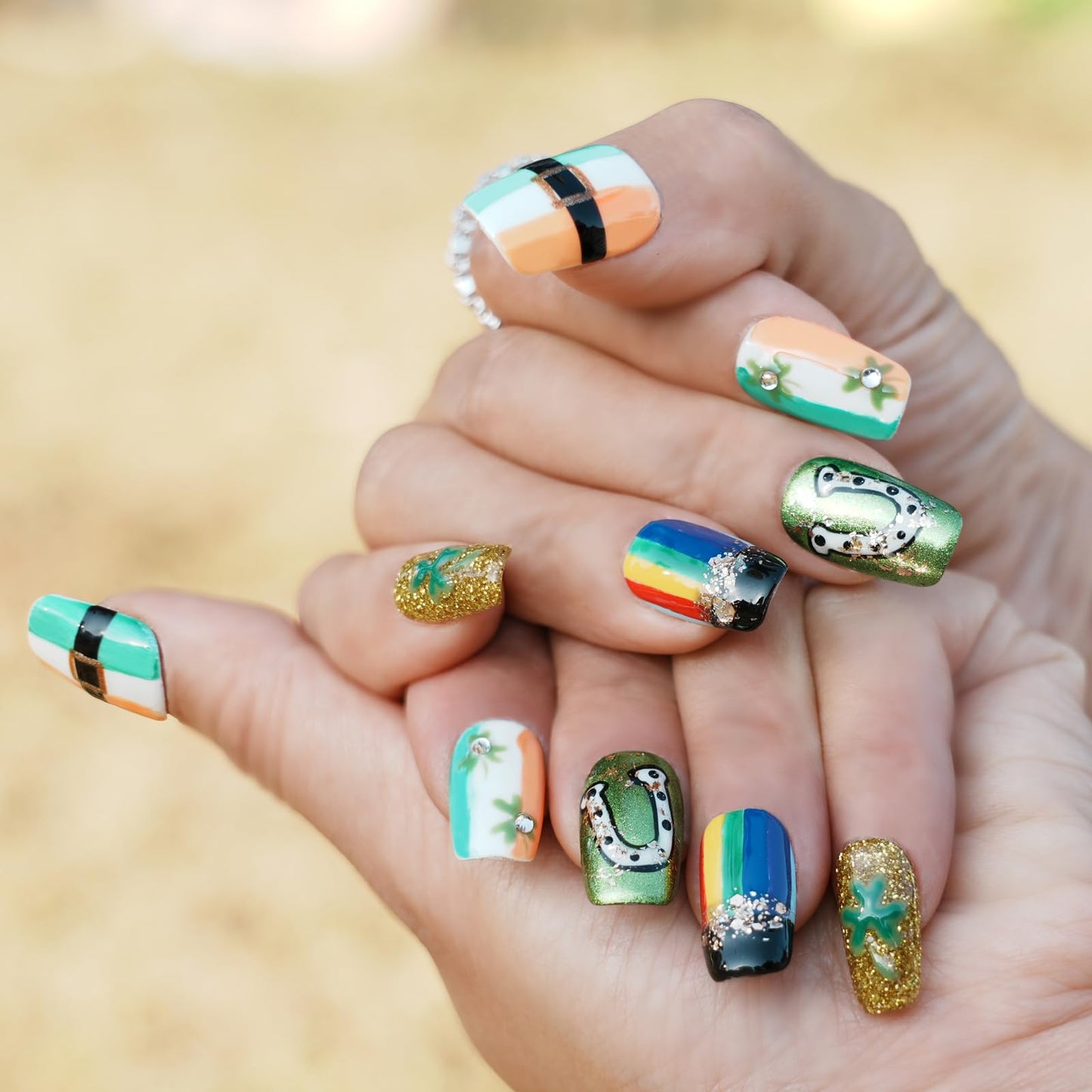 Tesytto Medium Square Press on Nails - Irish Flag Green White Orange Nails with Lucky Shamrock & Belt Design, Rainbow & 3D Gold Glitter Spring Summer Fake Nails (Size L)