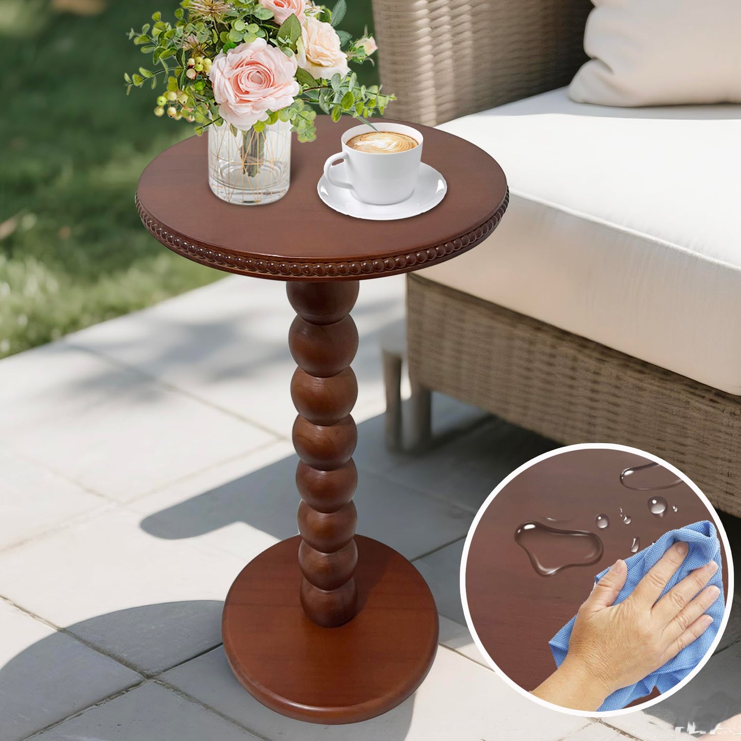 JUIOETURBoho Beaded Round Side Table - Handcrafted Small Accent Table for Small Spaces w/Solid Wood Leg - Drink Table for Living Room, Bedroom, Dorm, Office & Tight Corners (Brown)