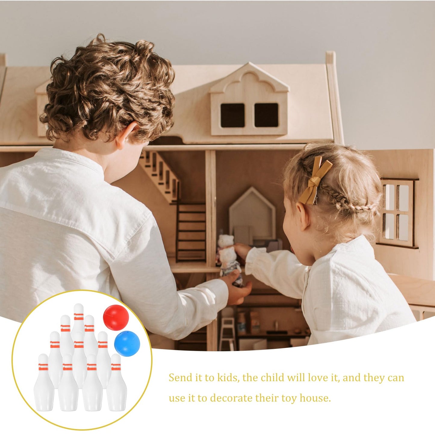 Toyvian Miniature Bowling Model Set with Durable Mini Bowling Pins and Ball for Dollhouse Accessories and Kids Play Realistic Mini House Decoration
