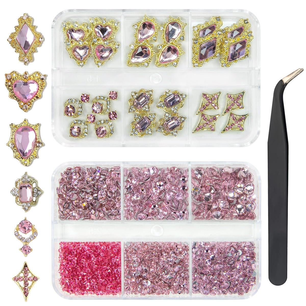 qiipii 24pcs Pink Luxury Nail Charms +2000pcs Rhinestones 3D Big Nail Gems K9 Glass Nail Crystals Diamonds Jewelry Stones Alloy Nail Art Studs Decor Supplies Heart Charms for Arylic Nails DIY Crafts