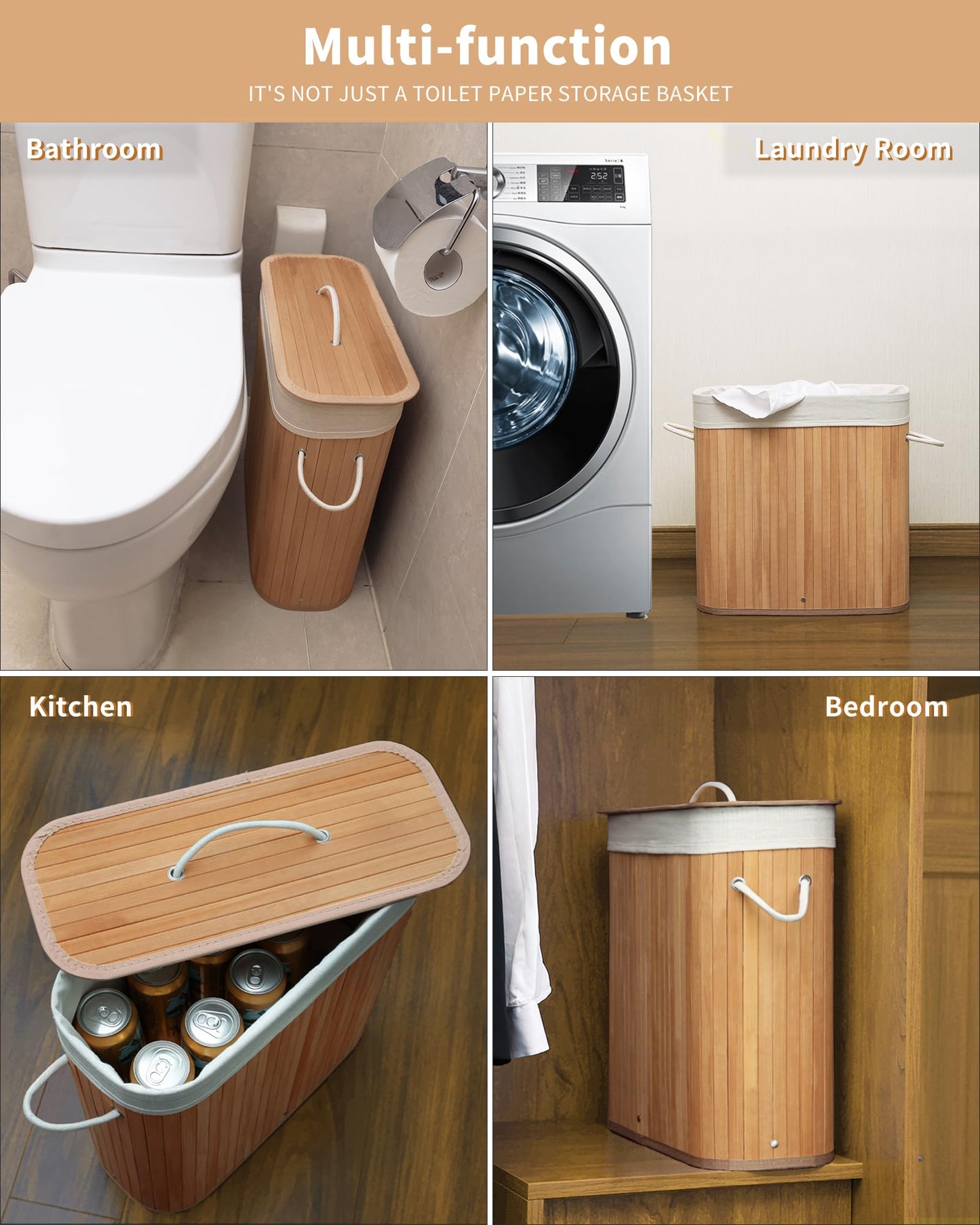 WAOHANAZ Bamboo Toilet Paper Storage with Lid & Handel, 8 Gallons (30L), Sturdy Toilet Paper Basket, Organizer for Bathroom, Kitchen, Holder with Storage, Natural