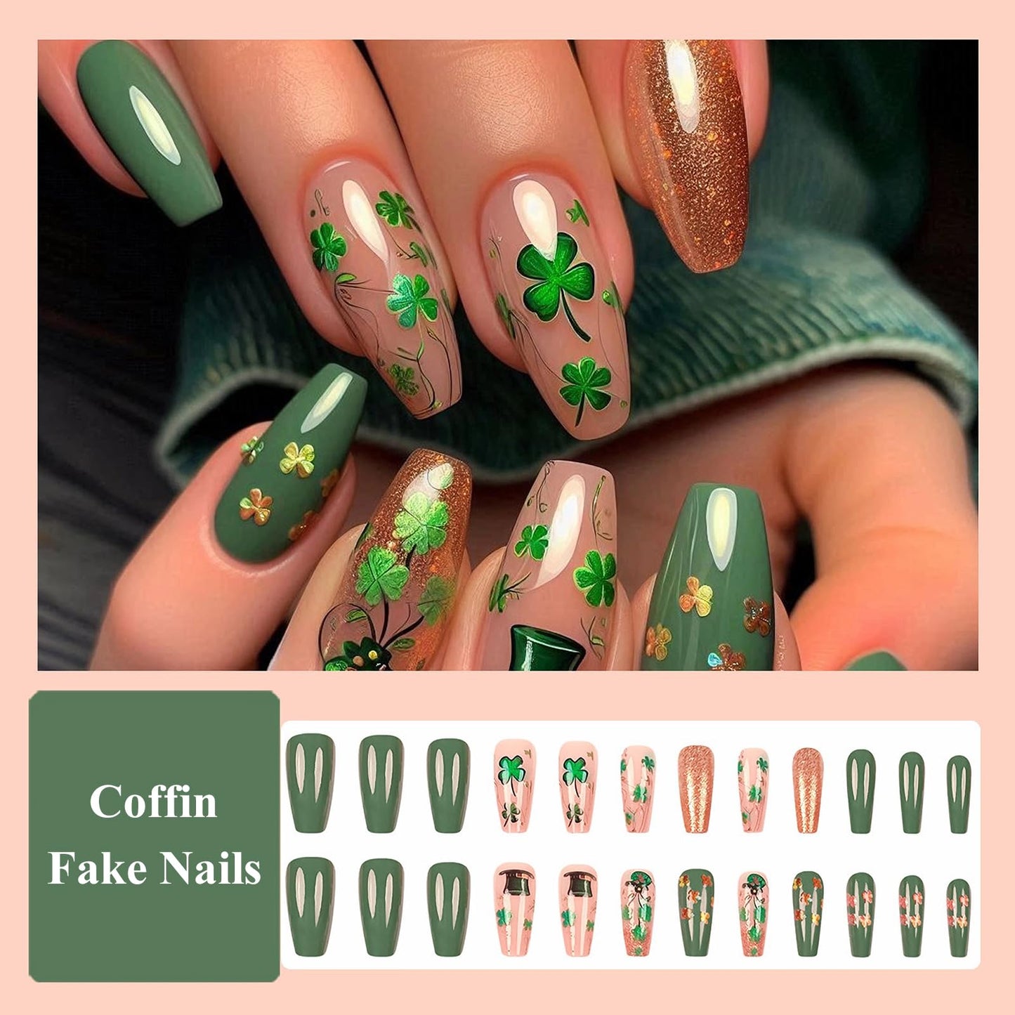 MISUD Press on Nails - Long Coffin Fake Nails with Green Shamrock, Acrylic Bling Gold Glitter Design 24 pcs