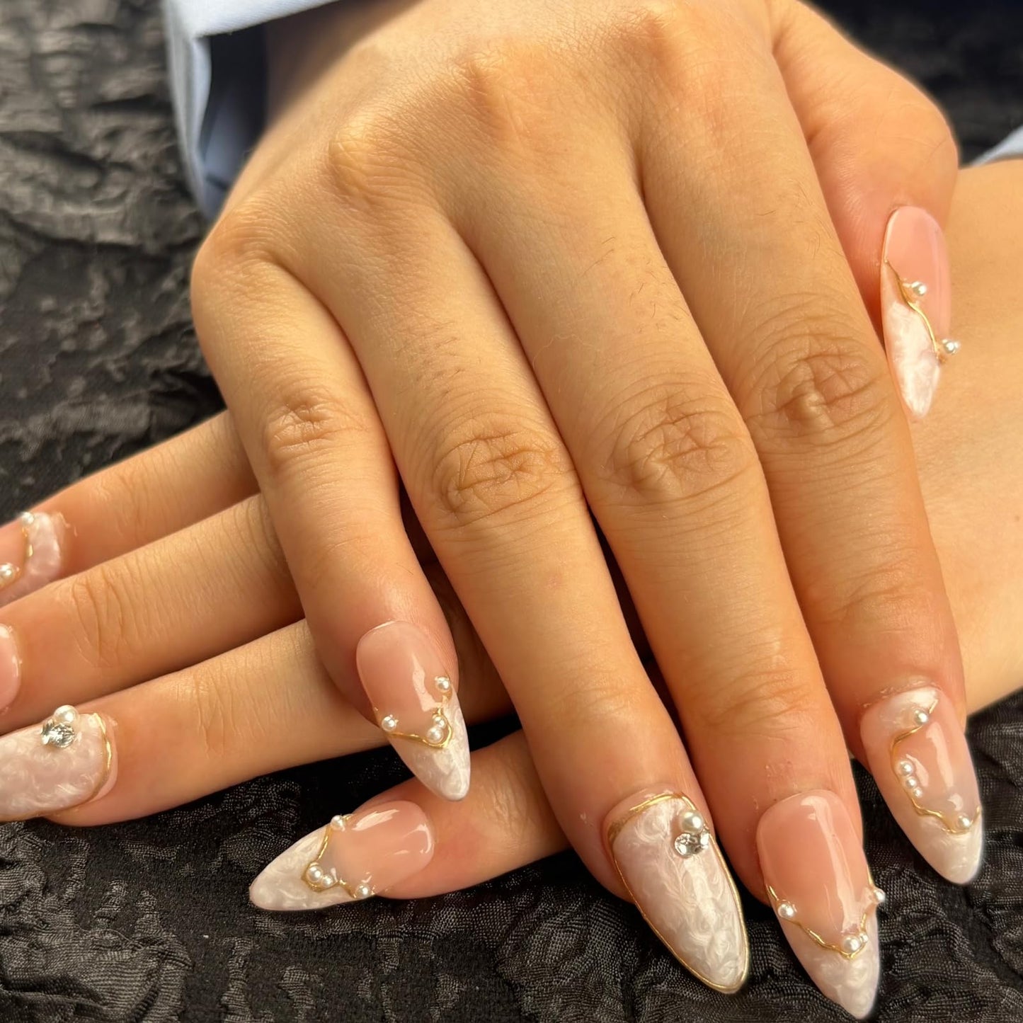 AKA Unicorn Large Handmade Press On Nails Short Almond,Nude Pink Acrylic Nails,Luxury Nail Press On with Charm Pearl Design for Wedding&Party Wear-True Love Design Concept