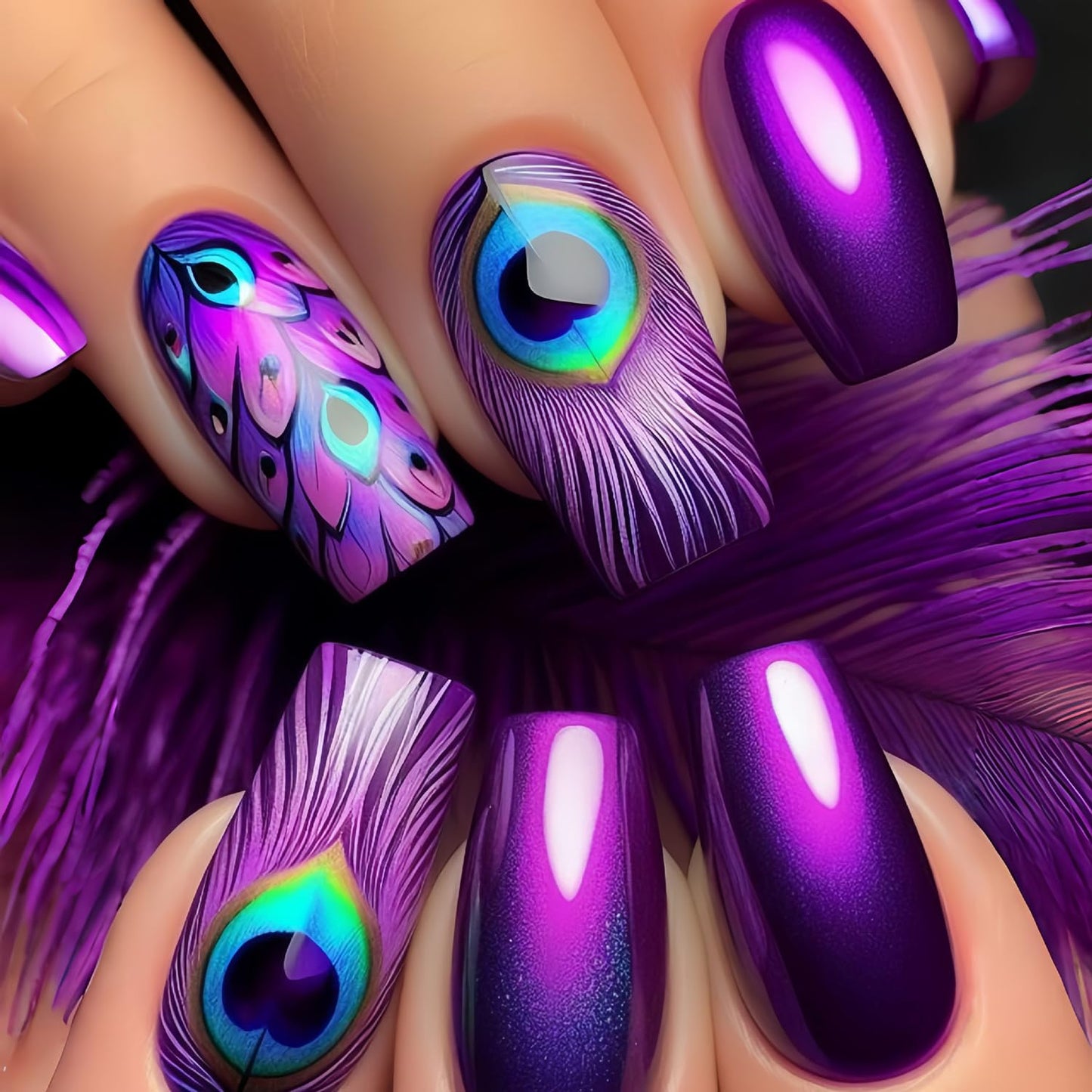 CJDLTS 24Pcs Purple Peacock Feather Pattern Design Acrylic Ballet Shaped Glitter Nails, Full Cover Coffin Nails, Glossy, Press On Nails, Medium Length, 1 Box, 24 Pieces