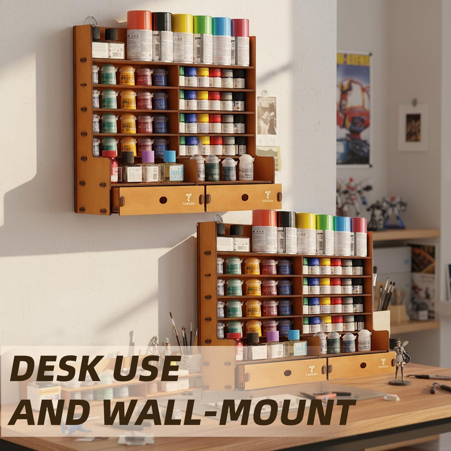 T TOGUSH Miniature Paint Rack, 6-Tier Wall Mount Paints Organizer with 2 Drawers for Model Craft Miniatures, Tools Brushes, Spray Cans for Paint Holder Storage