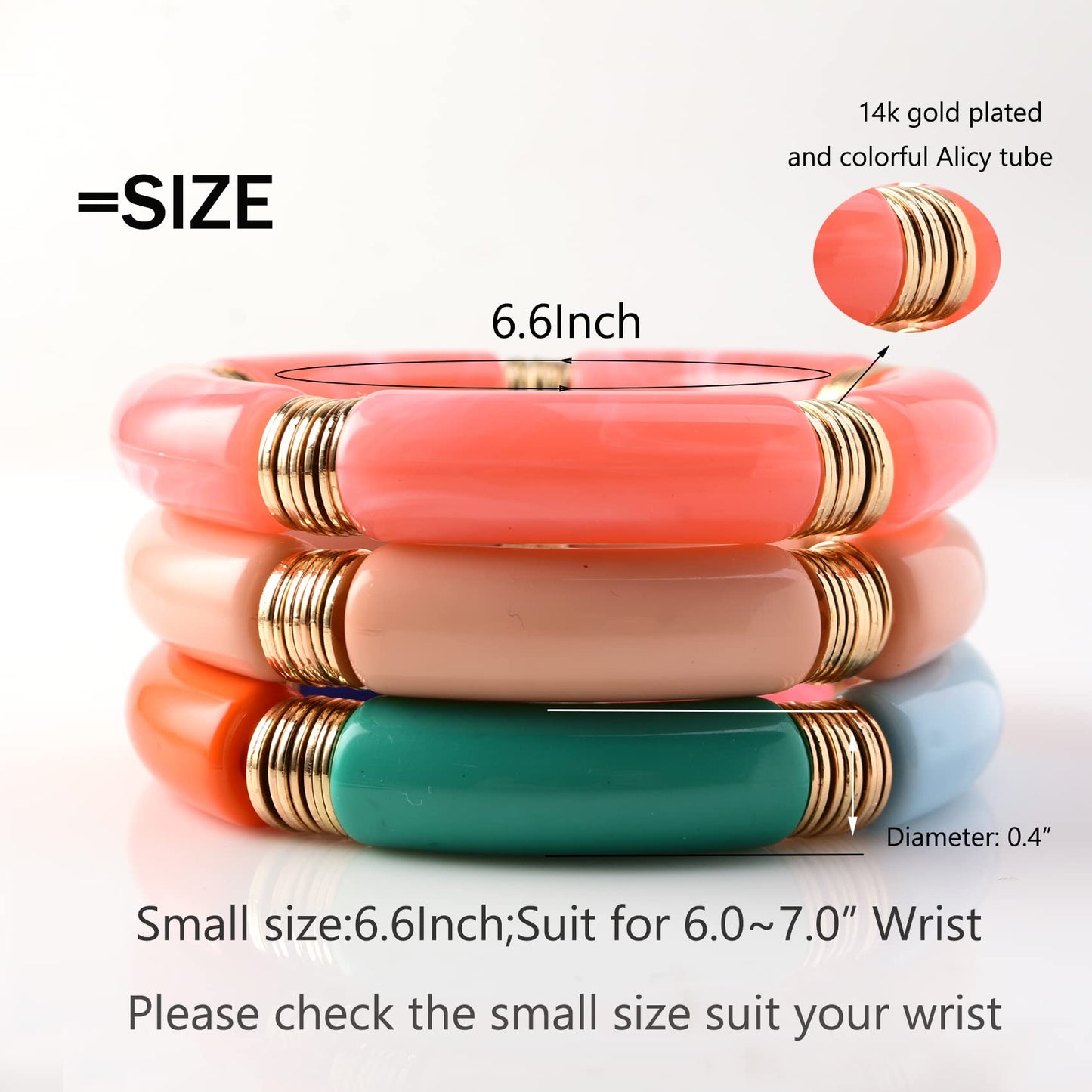 GOOJIDS Simple Beaded Gold Plated Bangles Bracelet Chunky Bamboo Tube Curved Stacking Clear Acrylic Colorful Beads Stretchable Gold Plated Bracelets Set For Women