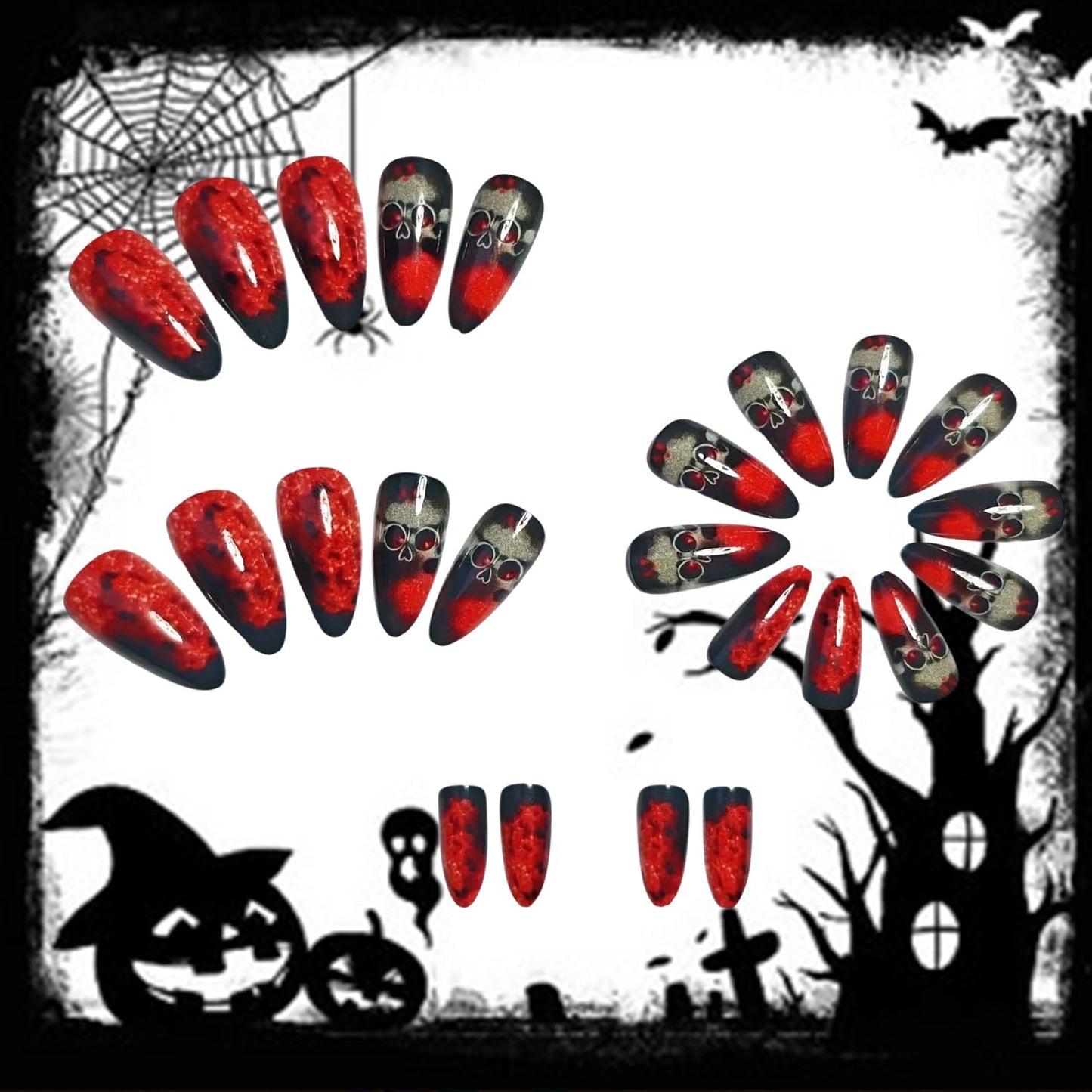 CJDLTS Halloween Press on Nails Medium Bloody Skull Design Medium Almond Tip False Nail Full Cover Glossy Acrylic Fingernails Halloween Press Ons Artificial Glue on Nails for Women 24Pcs