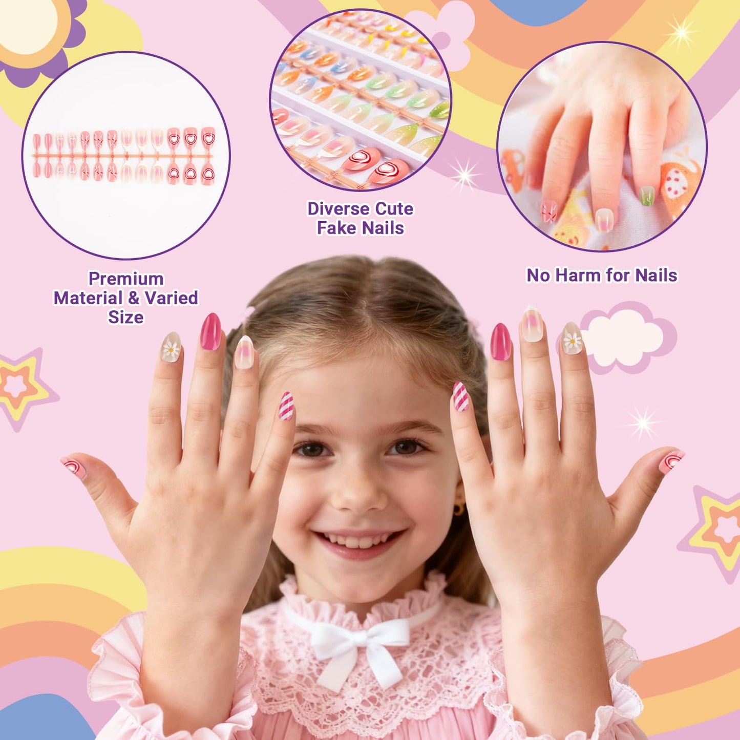 104 Pieces Press on Nails for Kids 4 Pack Artificial Fake Nails for Girls Kid Press on Nails for 8-12 Birthday Gift for Children Kids Little Girl Nail Art Decoration ﻿