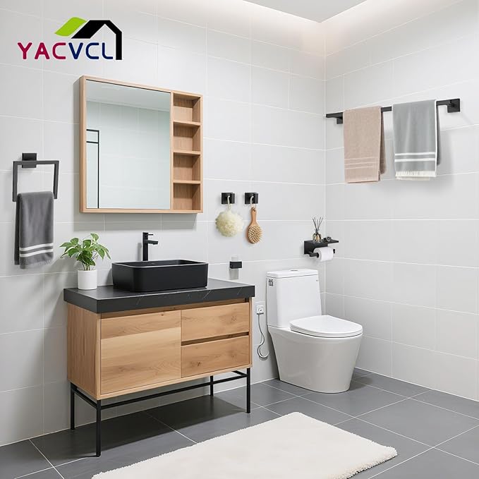 YACVCL 5-Pieces Matte Black Bathroom Hardware Accessories Set 23.6 Inch Towel Bar Set Upgraded Toilet Paper Holder with Shelf Stainless Steel Wall-Mounted Bathroom Hardware Set