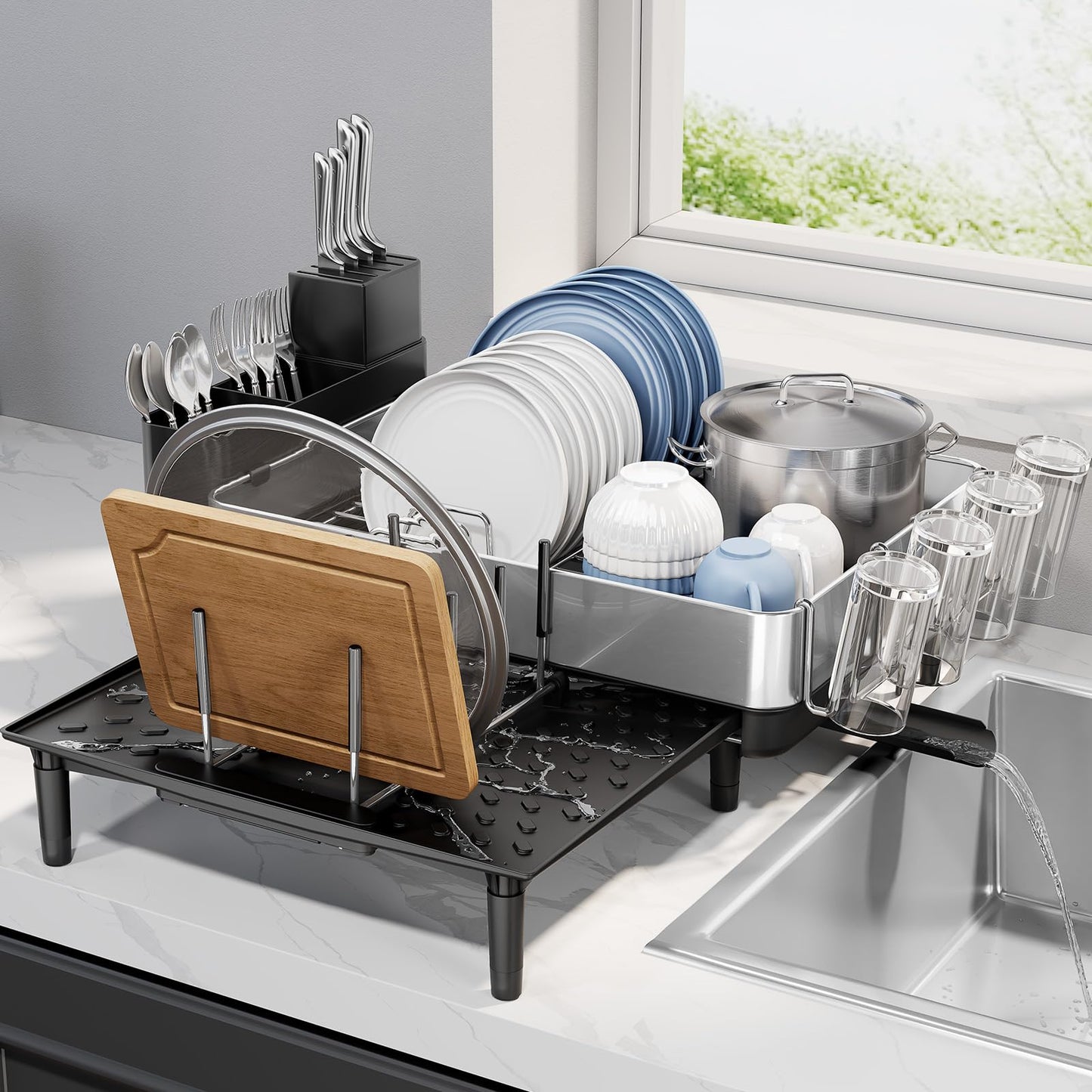 Urackify Dish Drying Rack for Kitchen Counter - Stainless Steel Dish Drainer with Drain Board, Removable Utensil Holder, Rust-Proof Plate, Non-Slip Feet, Large Capacity for 10 Plates 6 Bowls 4 Cups