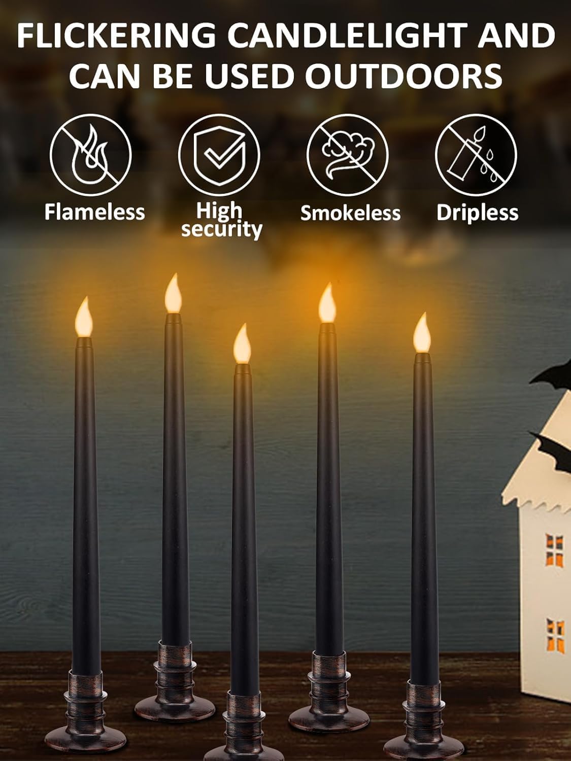 Alphatool 12 Pcs Halloween Black LED Flameless Candles with Bases - Flicker Flame, Tall Taper Smokeless Dripless Candles, Decor for Fireplace Diningtable Bar School