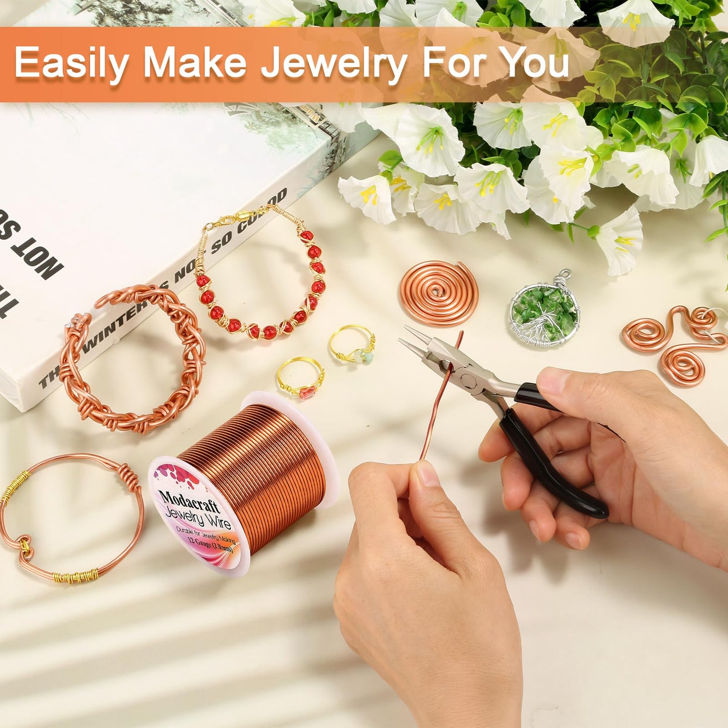 Premium 12 Gauge Copper Wire - 32.8ft Bendable Metal Craft Wire with 4-in-1 Pliers for Jewelry Making, Floral Design, Doll Making, and DIY Crafts Easy Wire Cutting, Shaping, and Wrapping