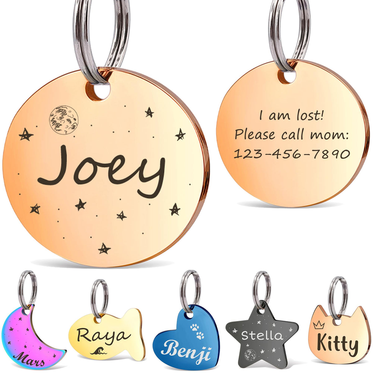 Anavia Small Size Dog Cat ID Tags, Small/XS Personalized Color Plated Stainless Steel Puppy Kitten Name Tags, Customized Engraved Nameplate Pet Collar Tag (Blue, Star)