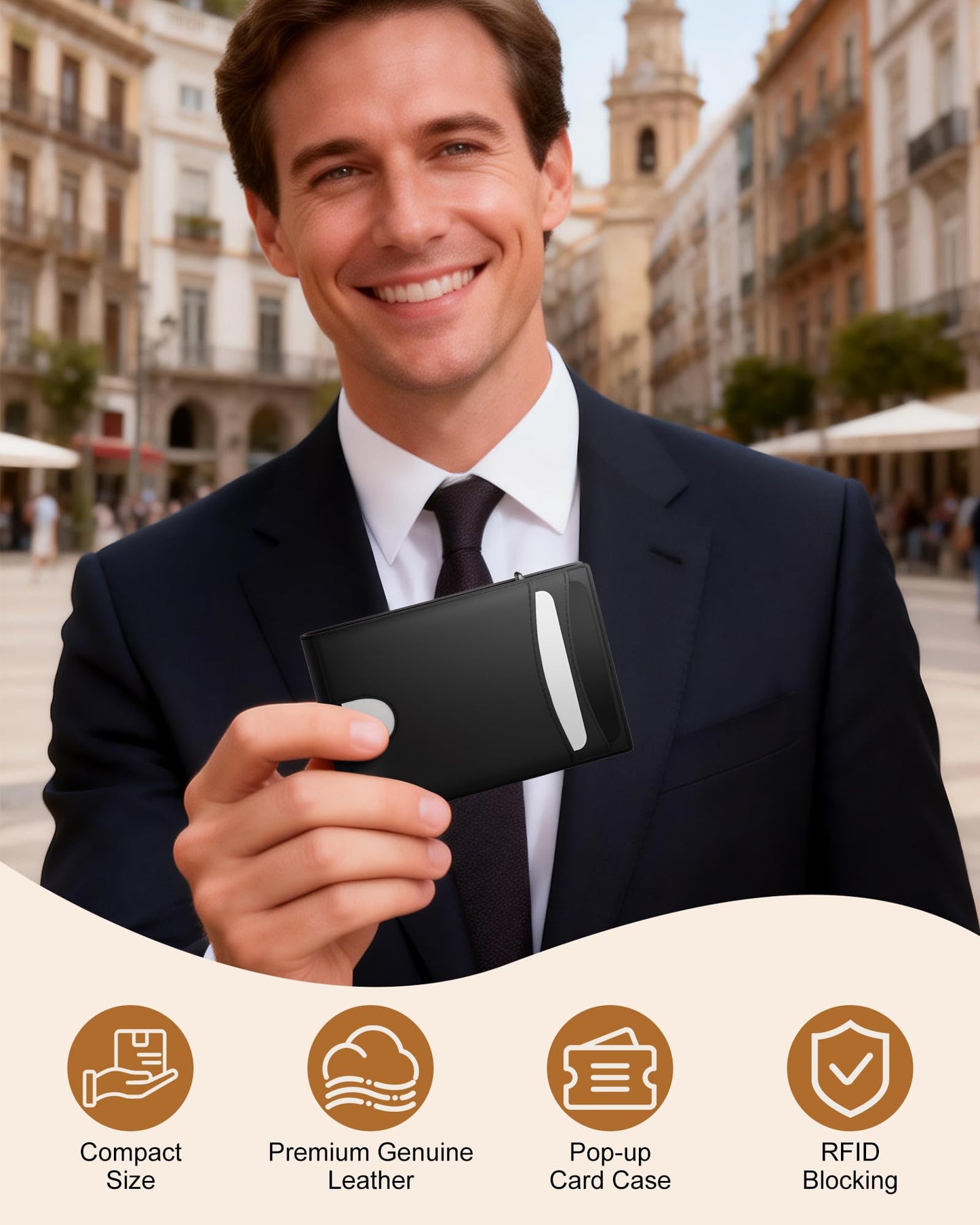 ERUSEHE Wallet for Men: Pop Up Card Case, RFID Blocking, Slim, Minimalist, Genuine Leather, Front Pocket, Smart, Thin, Compact, Magnetic Flap Closure - 2 ID Windows, Up to 12 Cards & 15 Bills (Black)