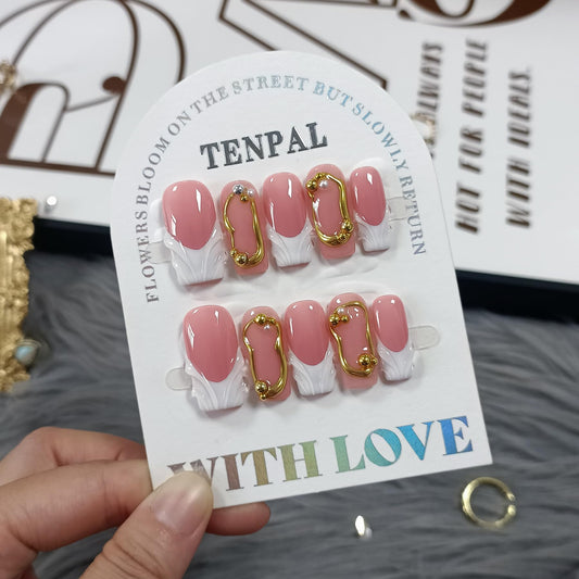 TENPAL Sheer Handmade French Tips Press on Nails Long Square 3D Embossed White Tip Nude Pink Fake Nails for Parties Daily Modern Minimalist Glossy False Nails for Women Gifts 10pcs(S)
