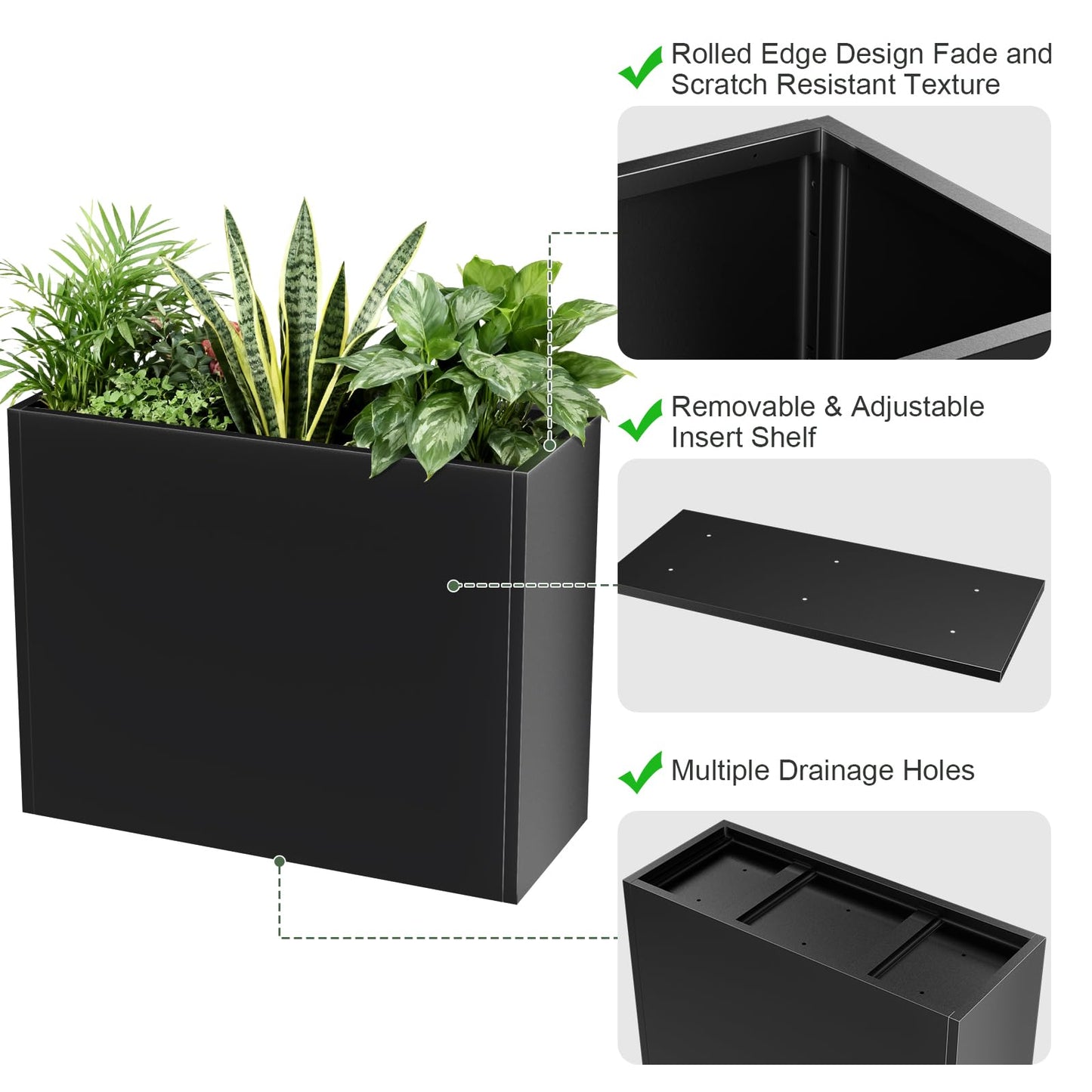 Nessxa Tall Metal Planter Box for Outdoor Plants 38" L x 13" W x 30", Heavy Duty Steel Large Rectangular Planter Box with Removable Insert Shelf, Modern Décor for Tall Plants, Trees, Flowers (Black)