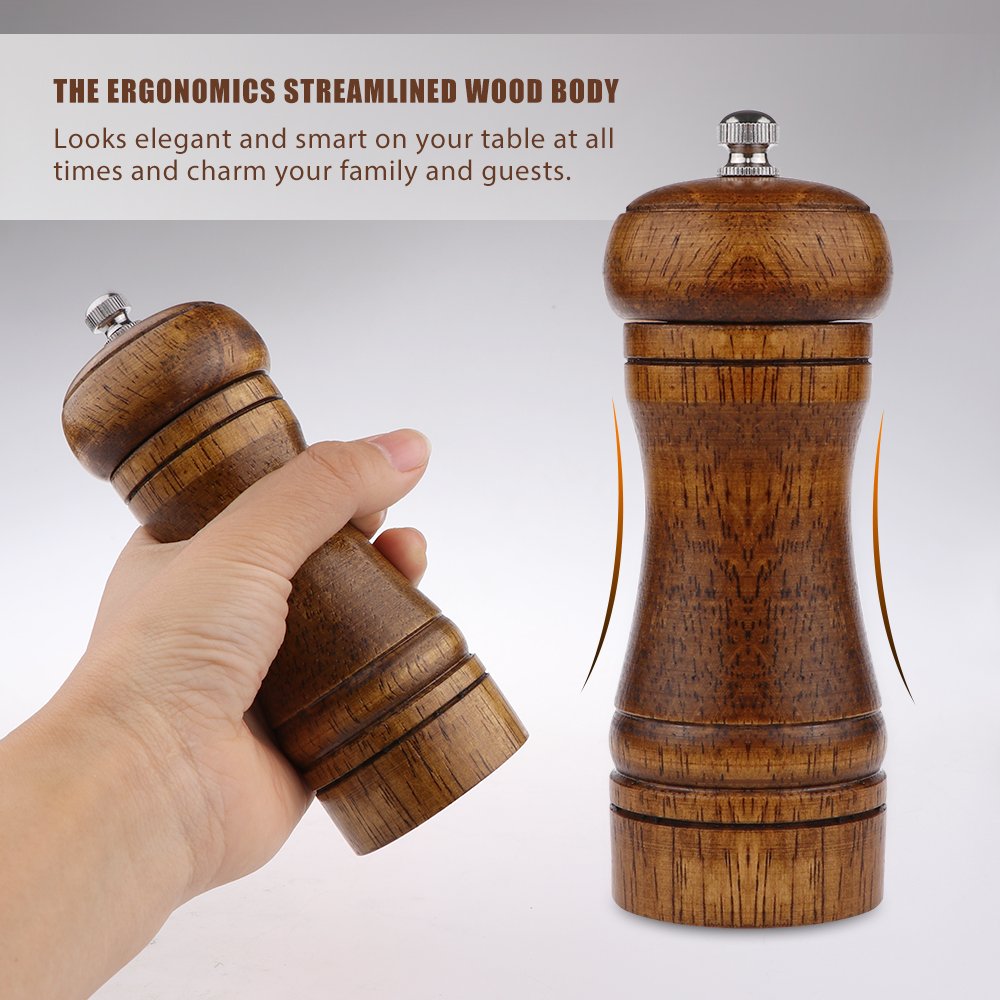 Pepper Mill - 5 inch Pepper Grinder Pepper Grinder Refillable Oak Salt and Pepper Grinder Set Sea Salt Grinder Ceramic Pepper Mill Grinder Adjustable Coarse to Fine pepper Grinder Mill (2Pack)