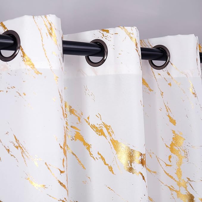 Taisier Home Gold Foil Print Linen Textured Curtains - Geometric Marble Pattern Design for Living Room - Light Filtering Window Treatment, 2 Panels, 72" L, White and Gold