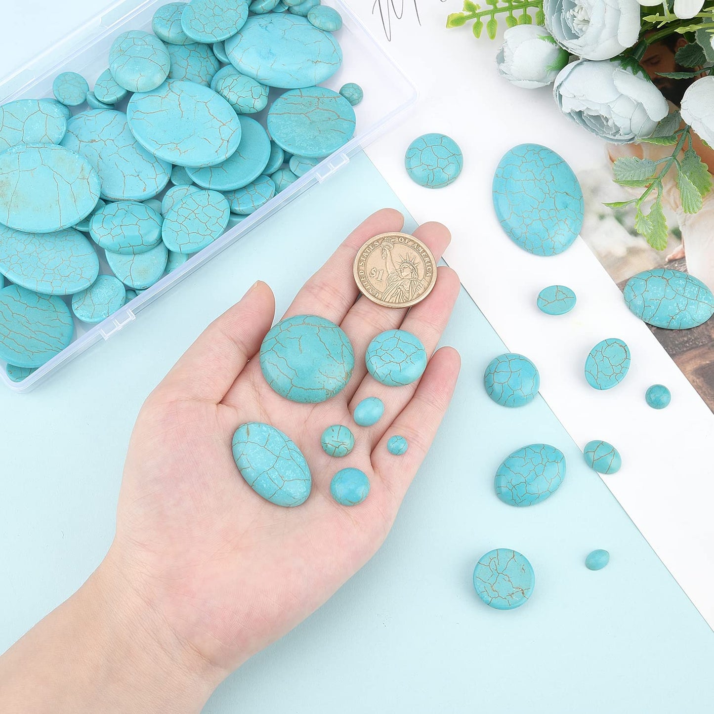 PH PandaHall 84pcs Synthetic Turquoise Stone Cabochons, 7 Sizes Blue Texture Gemstone Tiles Oval Flat Round Dome Bead Stone Cabochon Tile for Bracelet Necklace Earrings Cameo Jewelry Making, 6~40mm