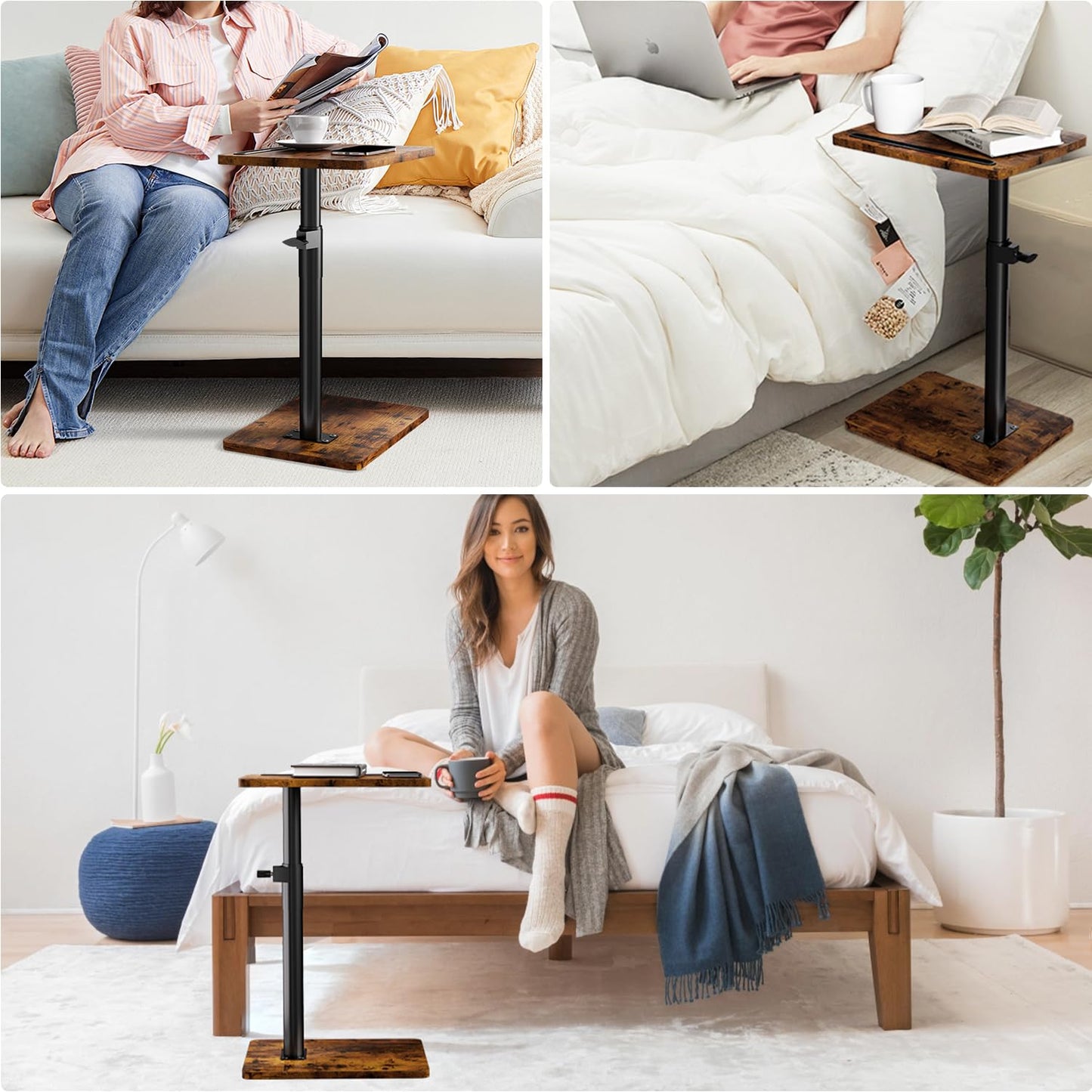 YUHFERA Sofa Armrest Tray Table for Couch - 360° Swivel Height Adjustable End for Small Spaces, Snack Side Table for Bed or Chair with Phone & Tablet Slot (Rustic,Standard)