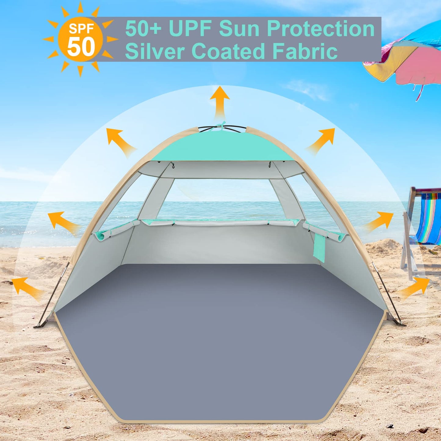 Gorich Beach Tent Sun Shelter for 3/4/6/8/10 Person with UPF 50＋ UV Protection, Lightweight & Easy Setup Beach Shade Canopy, Portable Beach Shade Tent Beach Cabana