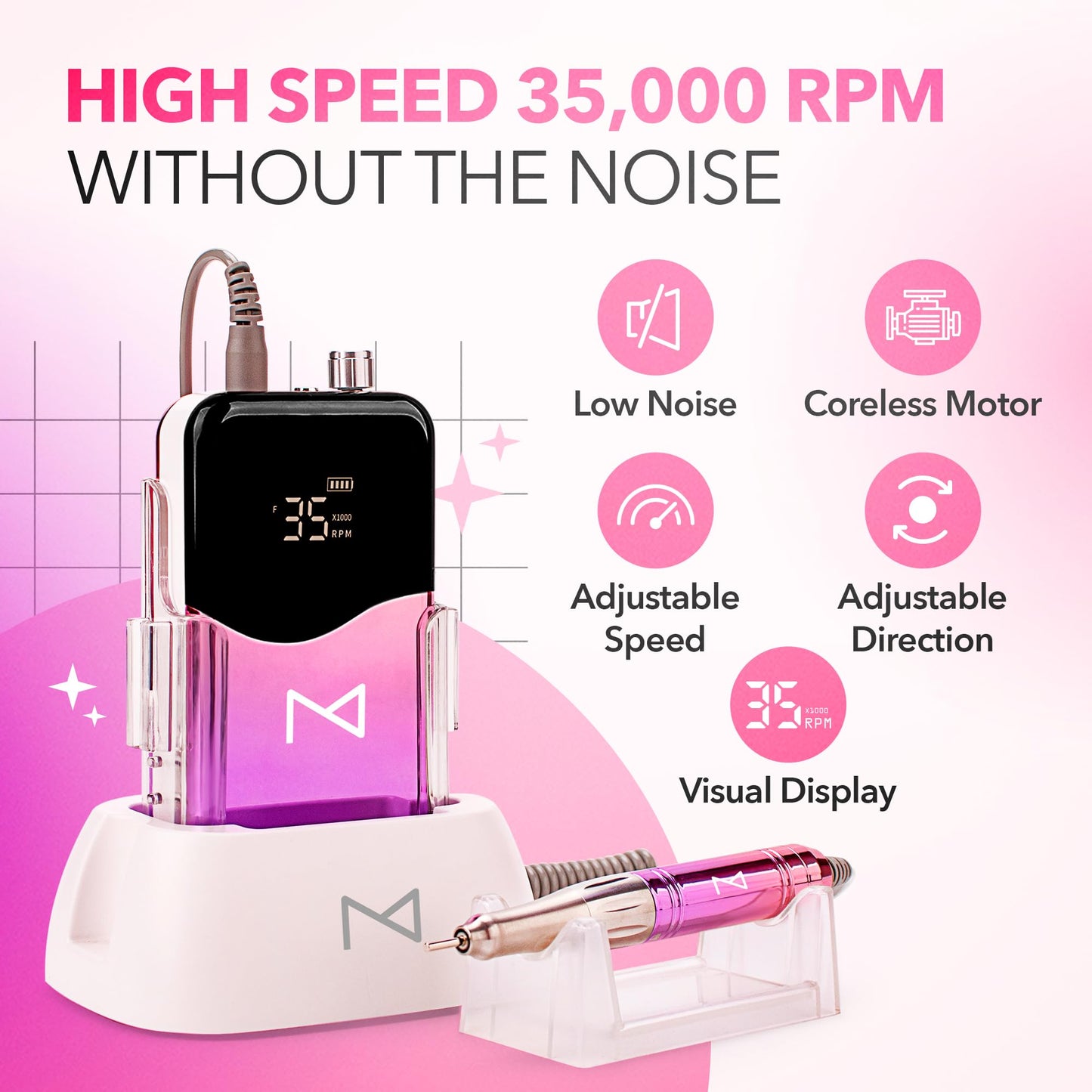 M Mase- Professional Nail Drill Machine - Coreless 2-in-1 Nail File - Electric, Cordless, 35000 RPM, HD Display - Electric Nail Drill for Professional & Home Use (Unicorn Purple)