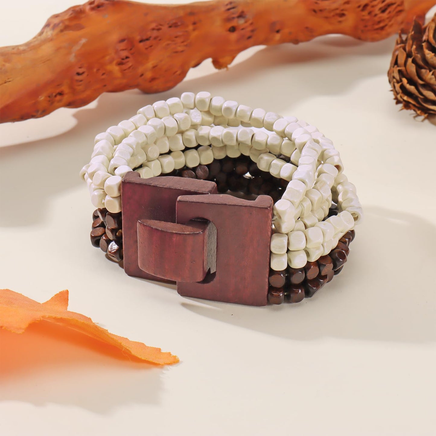 Coiris Boho Bangle Bracelets for Women Wooden Beaded Bracelets Chunky Bohemian Beach Bracelets Jewelry for Women(BR1235-BrownWhite)