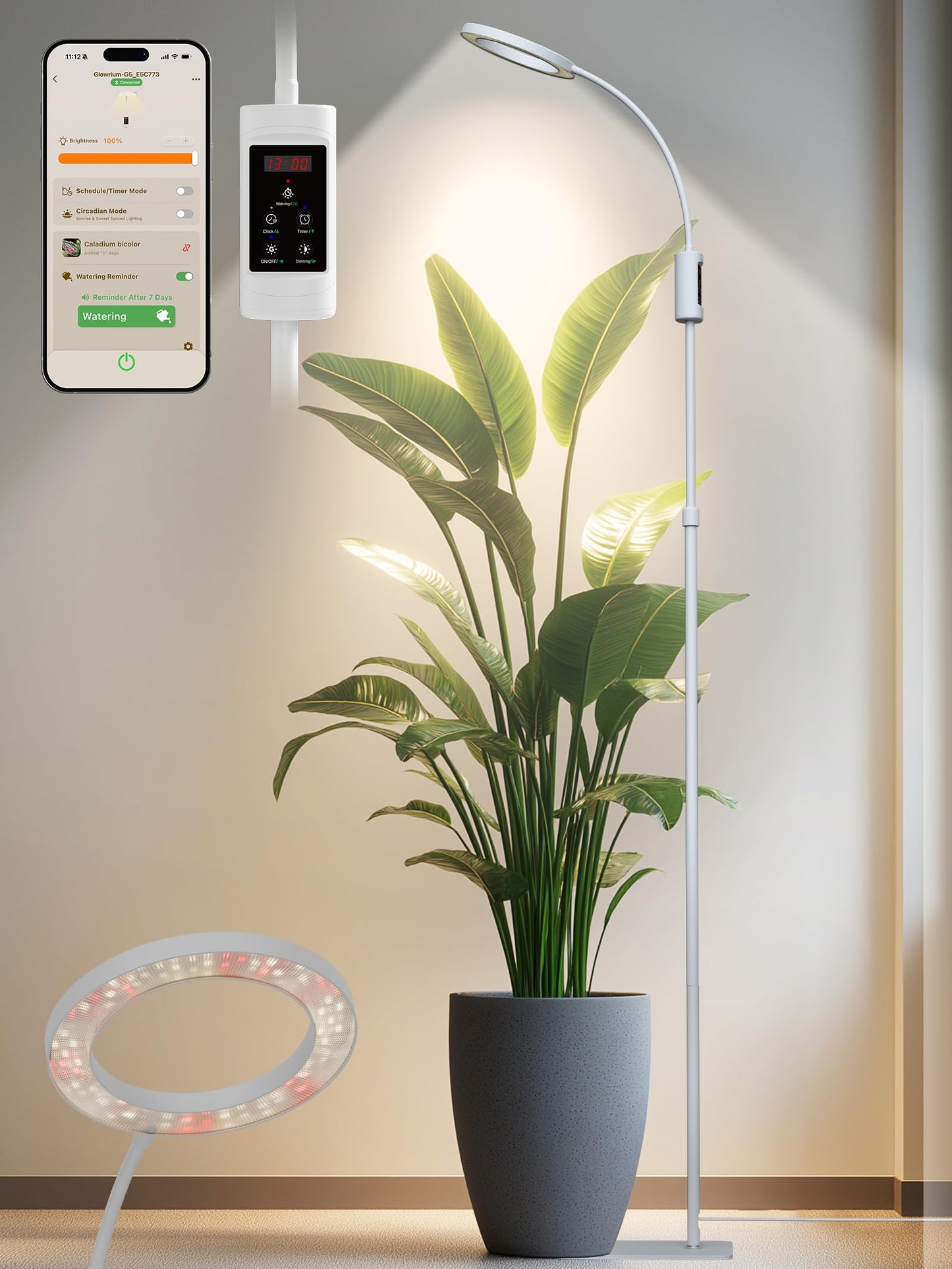 Smart Grow Lights for Indoor Plants, 24W Plant Light with Auto-Timer, Full Spectrum LED Grow Light, Adjustable Height & Stepless Dimming,Plant Assistant Suitable for Most Plants (White)