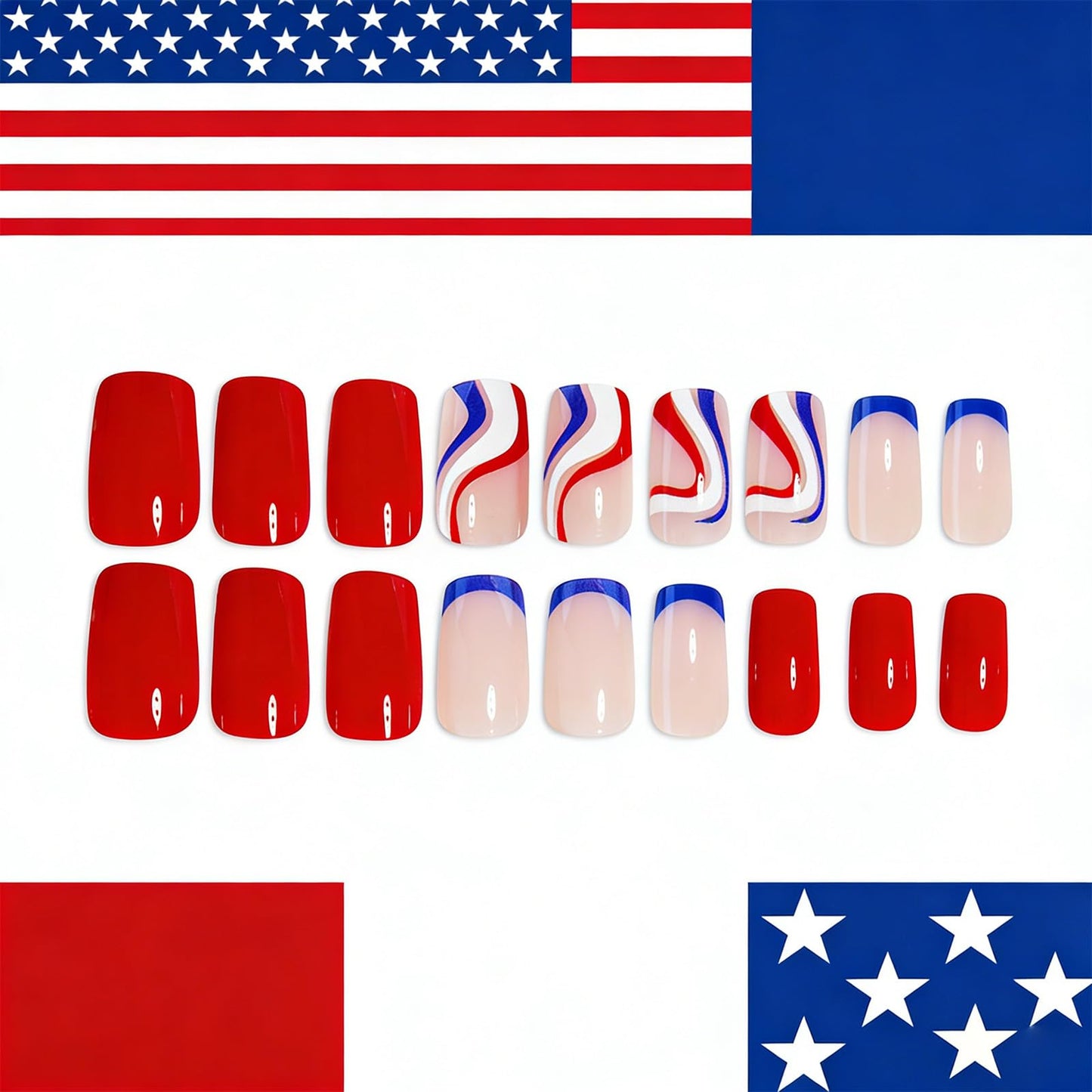 4th of July Independence Day Press on Nails Medium Square Fake Nails with Red Blue White Curved Stripes Design Patriotic False Nails Full Cover Glossy Stick on Nail for Women Manicure 24Pcs