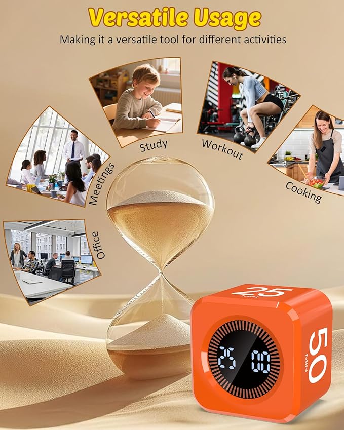 Pomodoro Timer Cube Visual Productivity Flip Timer for Kids Classroom Desk, 5/10/25/50min&Custom Countdown, Silent&Sound Mode Digital Cube for ADHD Study Work School Game Kitchen (Orange)