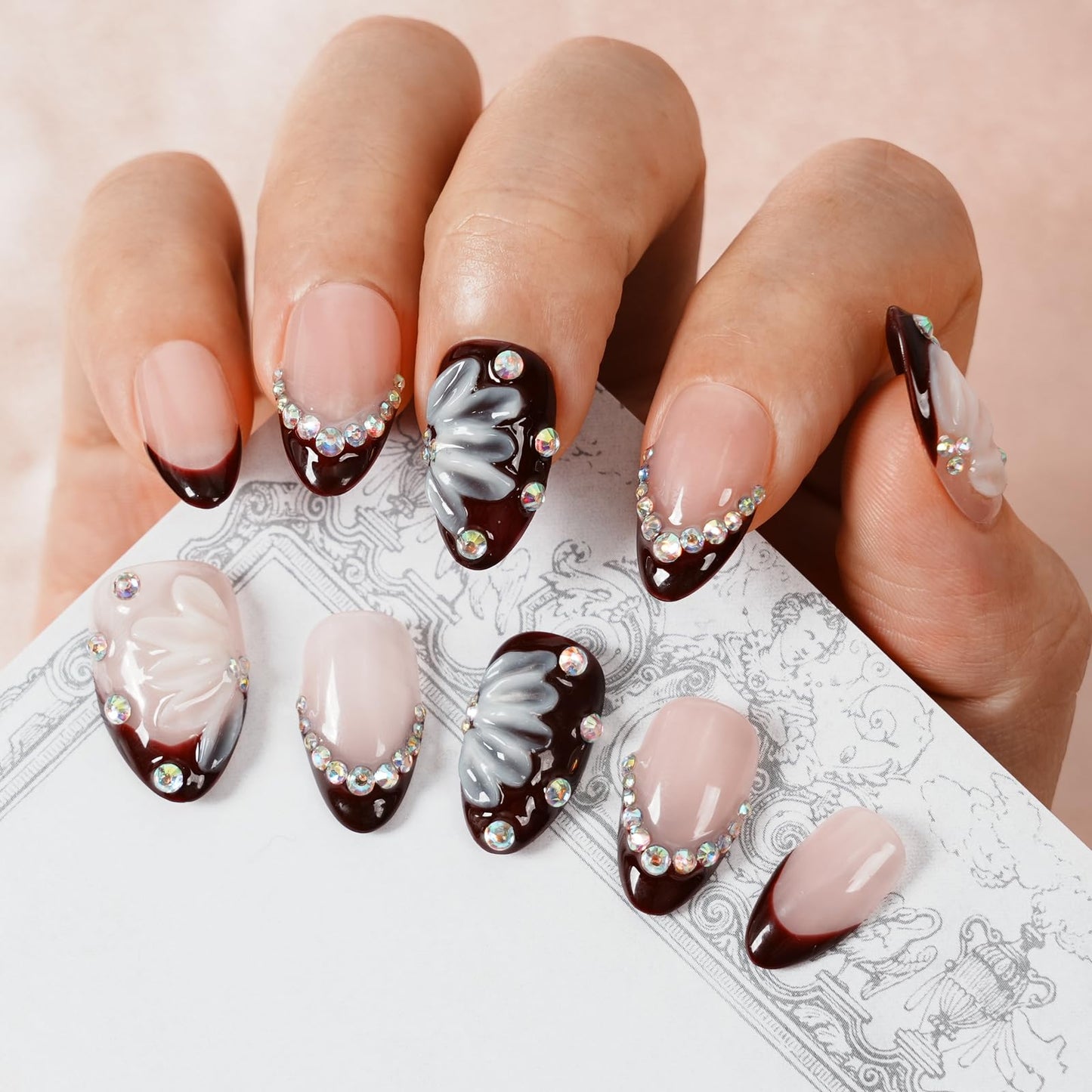 Tesytto Handmade Press on Nails Almond Shape Glossy Reusable False Nails for Nail Art (Burgundy Bloom Gem, M)