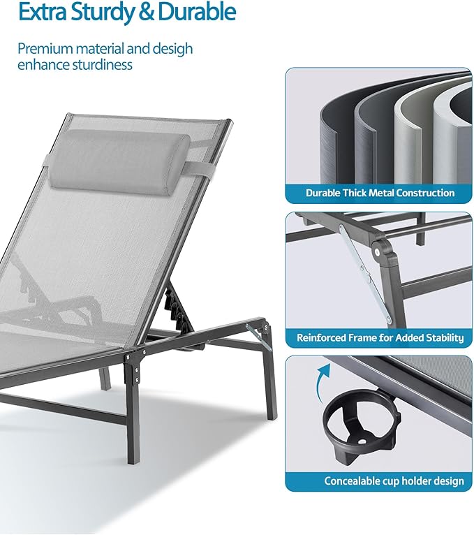Foldable Chaise Lounge Chair with Cup Holder, Assemble-Free Outdoor Lounge Chair with Detachable Pillow and 6 Adjustable Backrest, Patio Lounge Chair for Outside Poolside Beach Pool, Grey