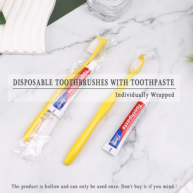 Disposable Toothbrushes with Toothpaste Pack of 200, Yellow Hollow Toothbrush with 10g Toothpaste Individually Wrapped Disposable Travel Toothbrushes Kit in Bulk for Homeless,Airbnb,Hotel,Charity