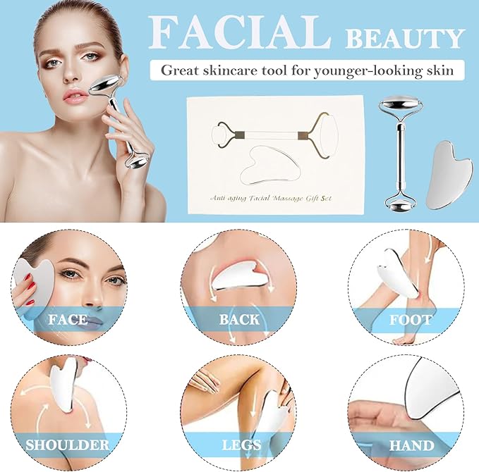 Stainless Steel Facial Roller & Gua Sha,Gua Sha Facial Tools Stainless Steel, GuaSha Tool and Face Roller Set - Metal Face Roller, Facial Tension, Sturdy