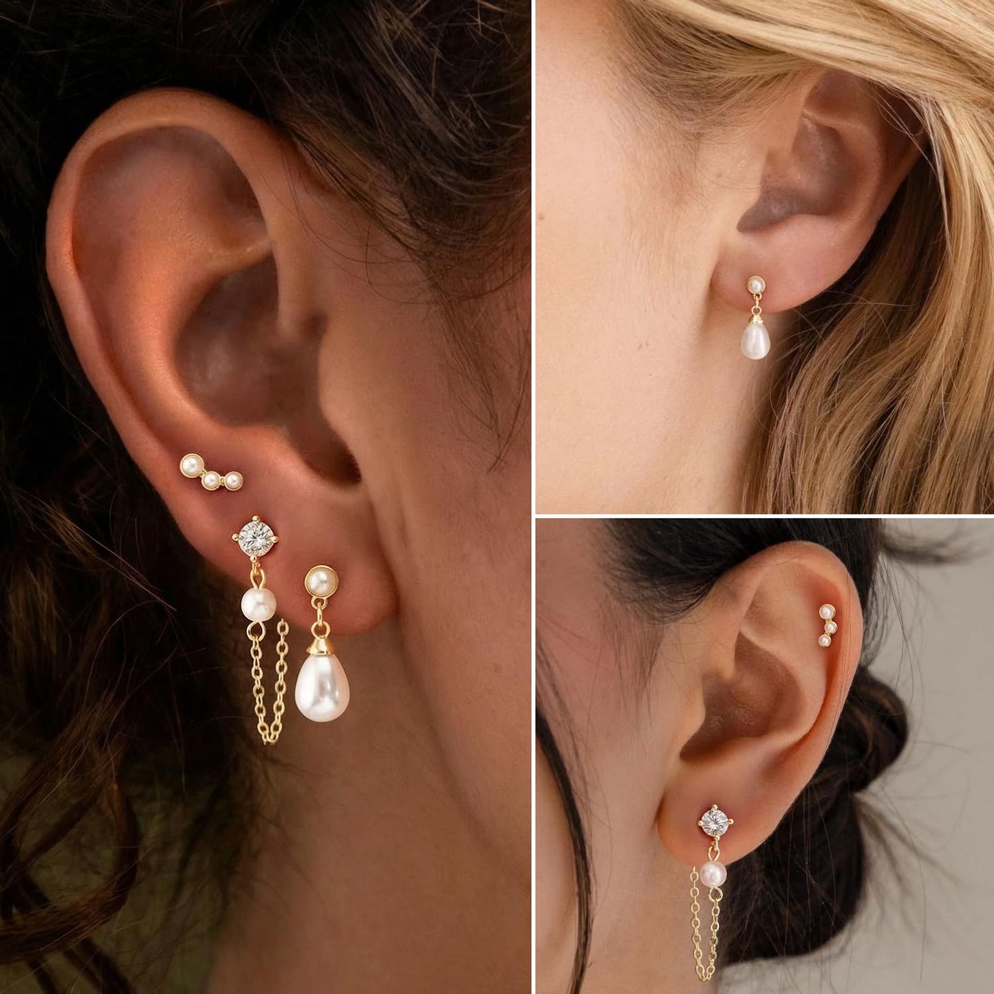BSGRL Pearl Earrings - 14k Gold Plated Tiny Pearl Stud Earrings Set Cartilage Ear Stack for Women